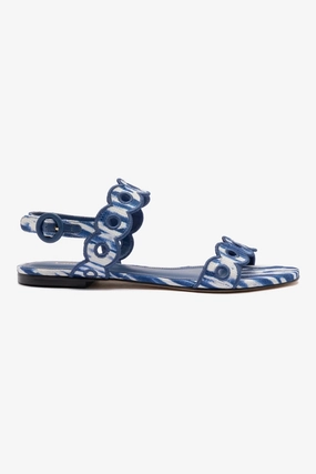 Florence Broderie Flat Sandal In Tie Dye Blue Raffia Dinner Plan Fashion Forward