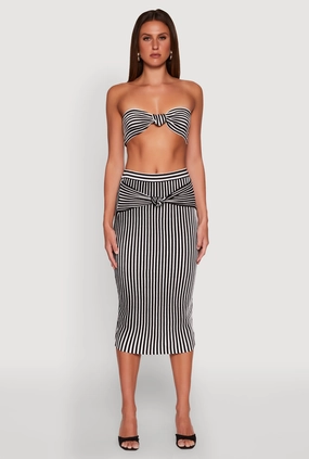 Wrap Closure Pocket Design Striped Knot Front Knit Pencil Skirt