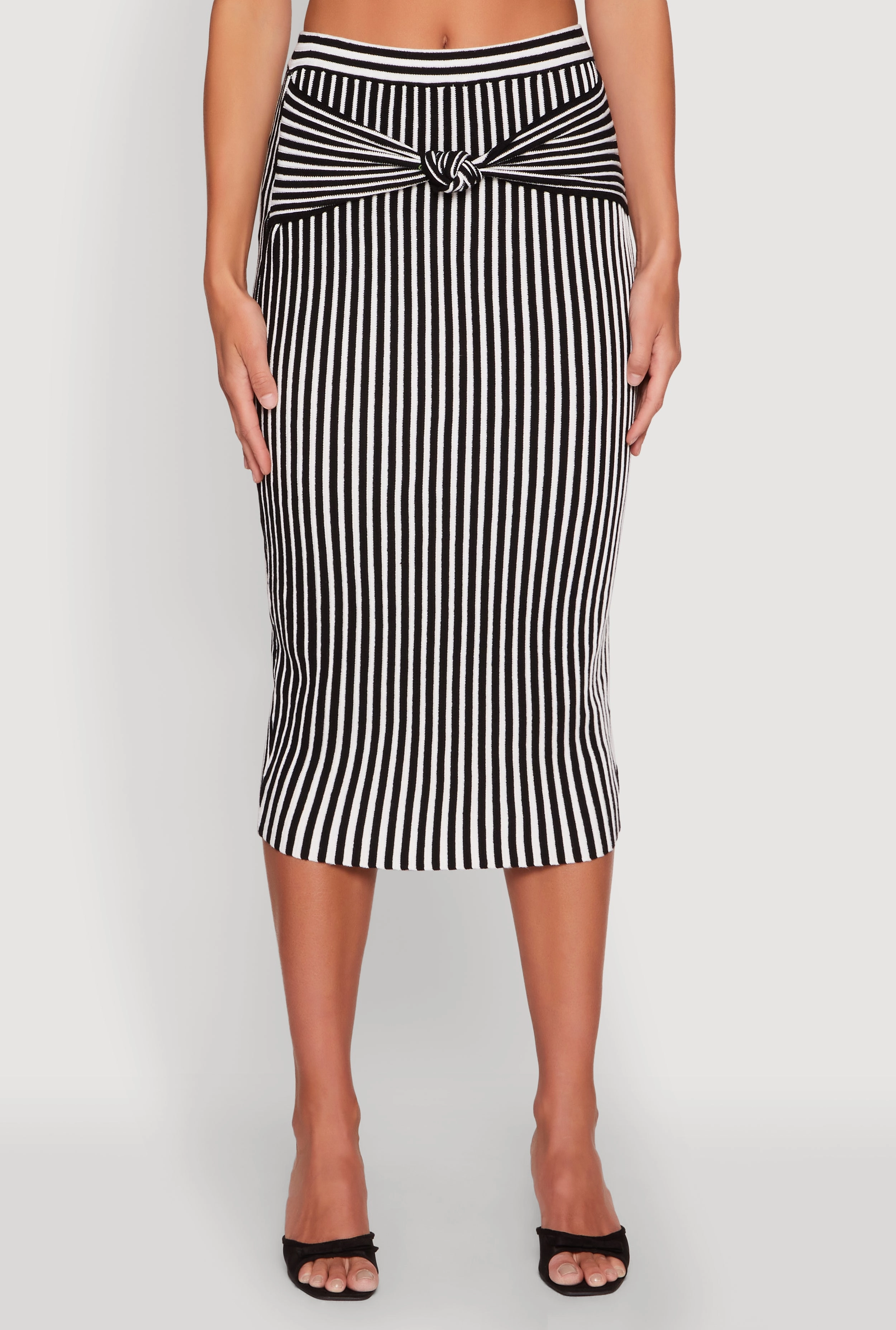Daily Mood Front Slit Striped Knot Front Knit Pencil Skirt