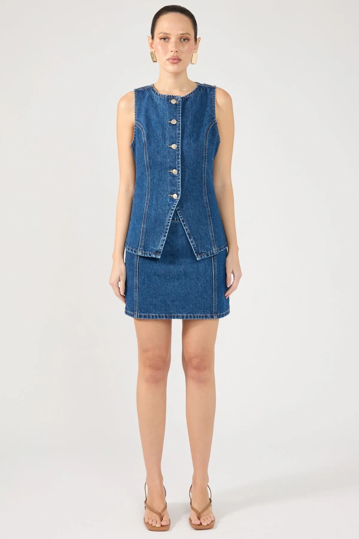 decoration Perfect Stranger Mika Denim Button Up Vest Mid Blue Denim