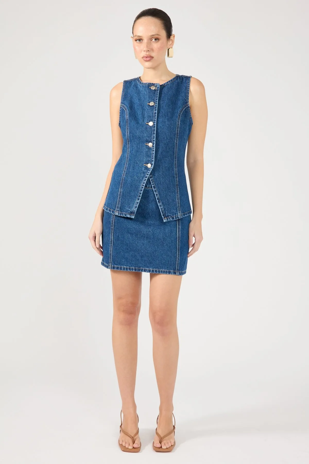 Perfect Stranger Mika Denim Button Up Vest Mid Blue Denim moisture - wicking clothing iron free
