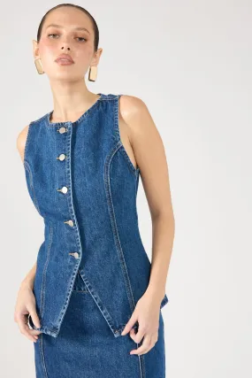 site Perfect Stranger Mika Denim Button Up Vest Mid Blue Denim