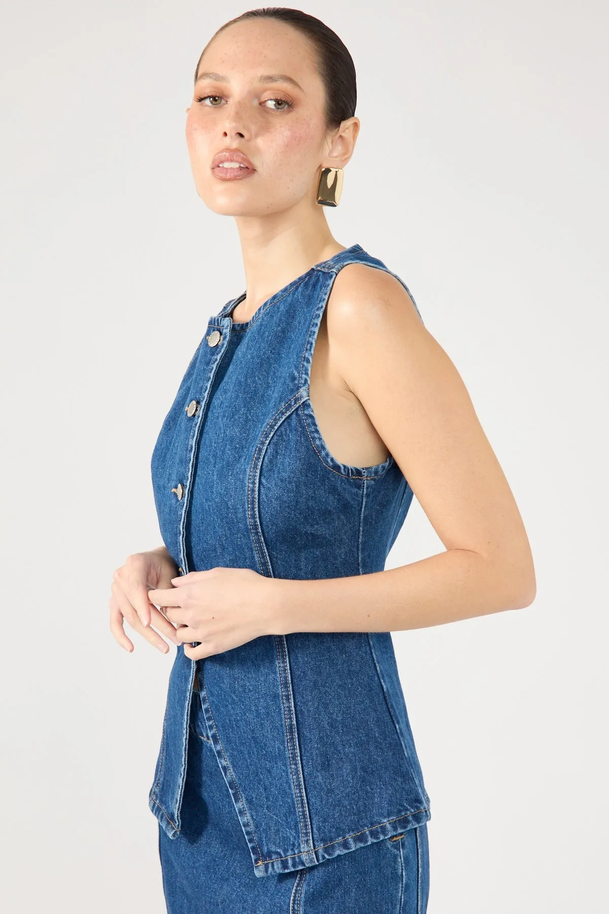 fullness Perfect Stranger Mika Denim Button Up Vest Mid Blue Denim