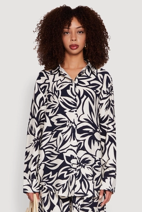 Floral Print Crepe Knit Button Front Blouse Reinforced Placket Closure student