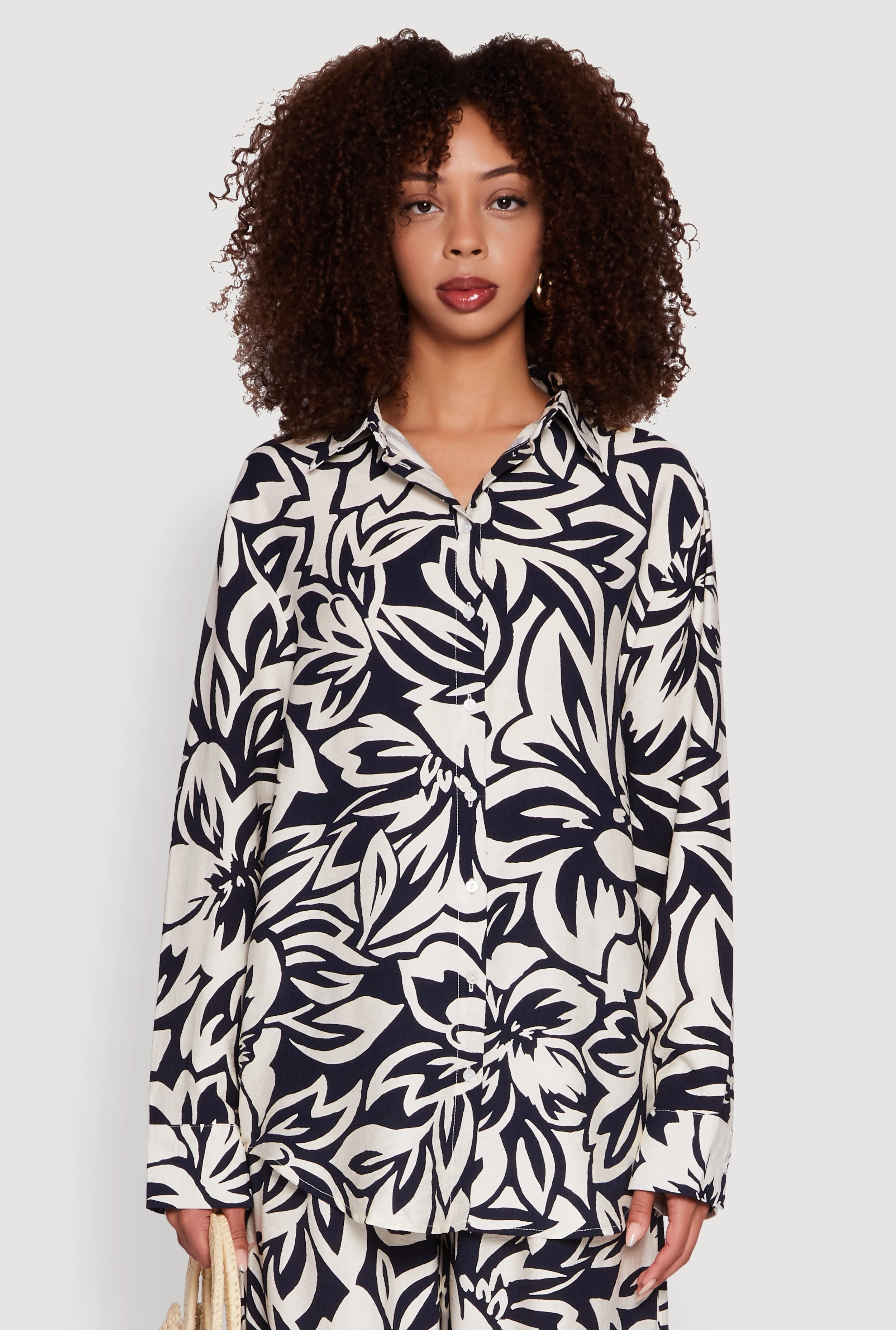 Floral Print Crepe Knit Button Front Blouse Reinforced Placket Closure student