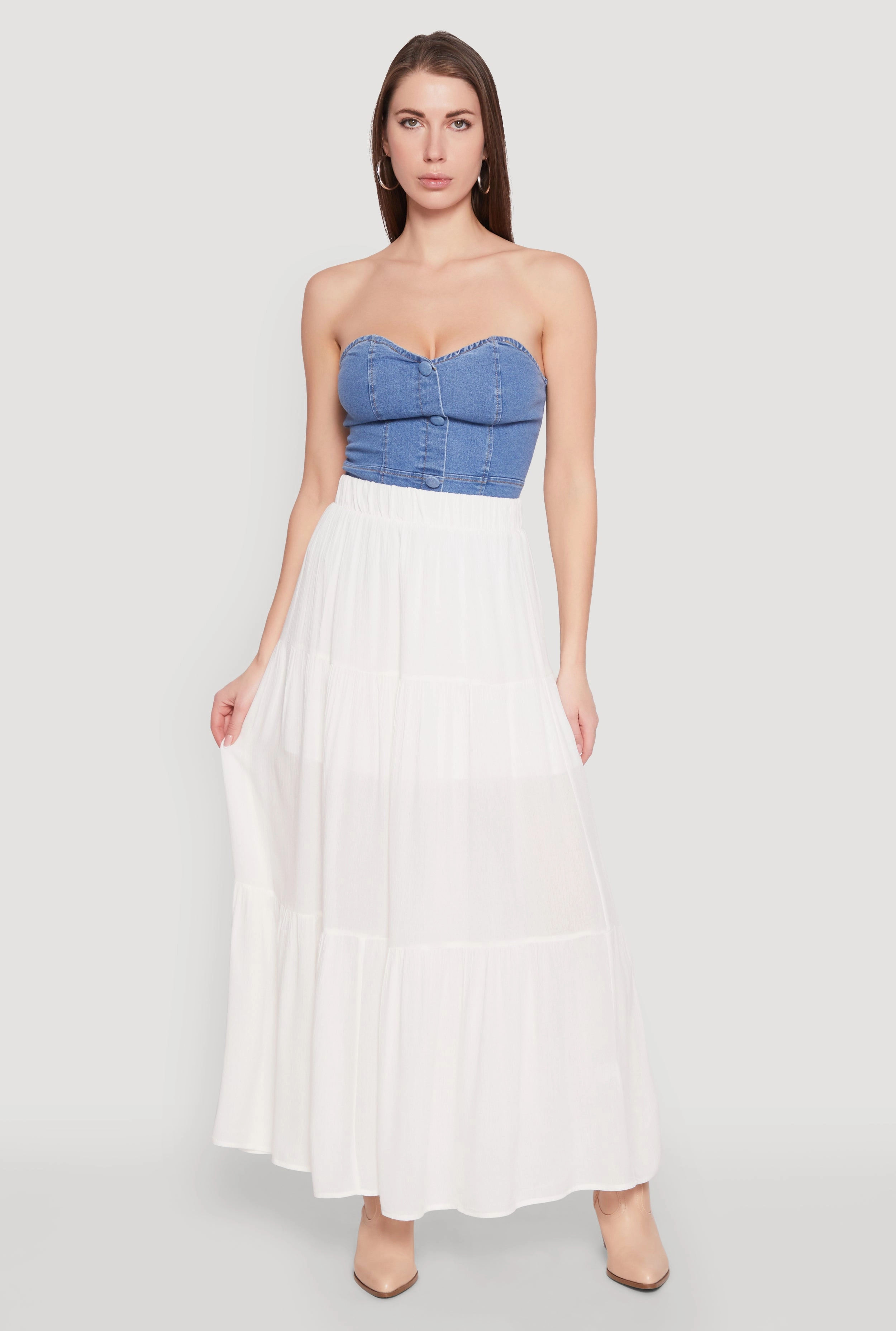 Crisscross Back Soft Layers High Waist Tiered Maxi Skirt