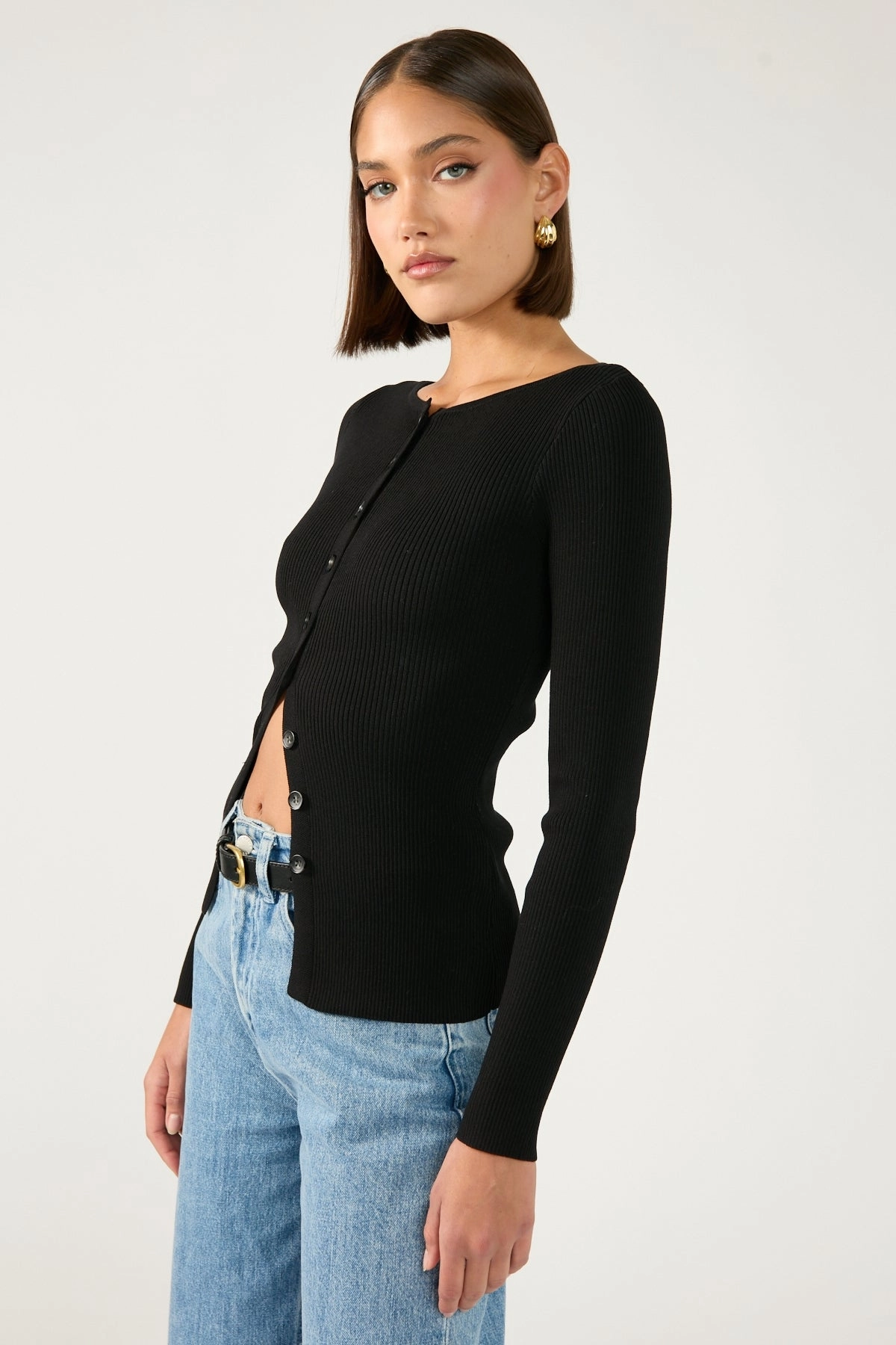 Perfect Stranger High Neck Rib Button Up Long Sleeve Top Black Eco Dyeing Process