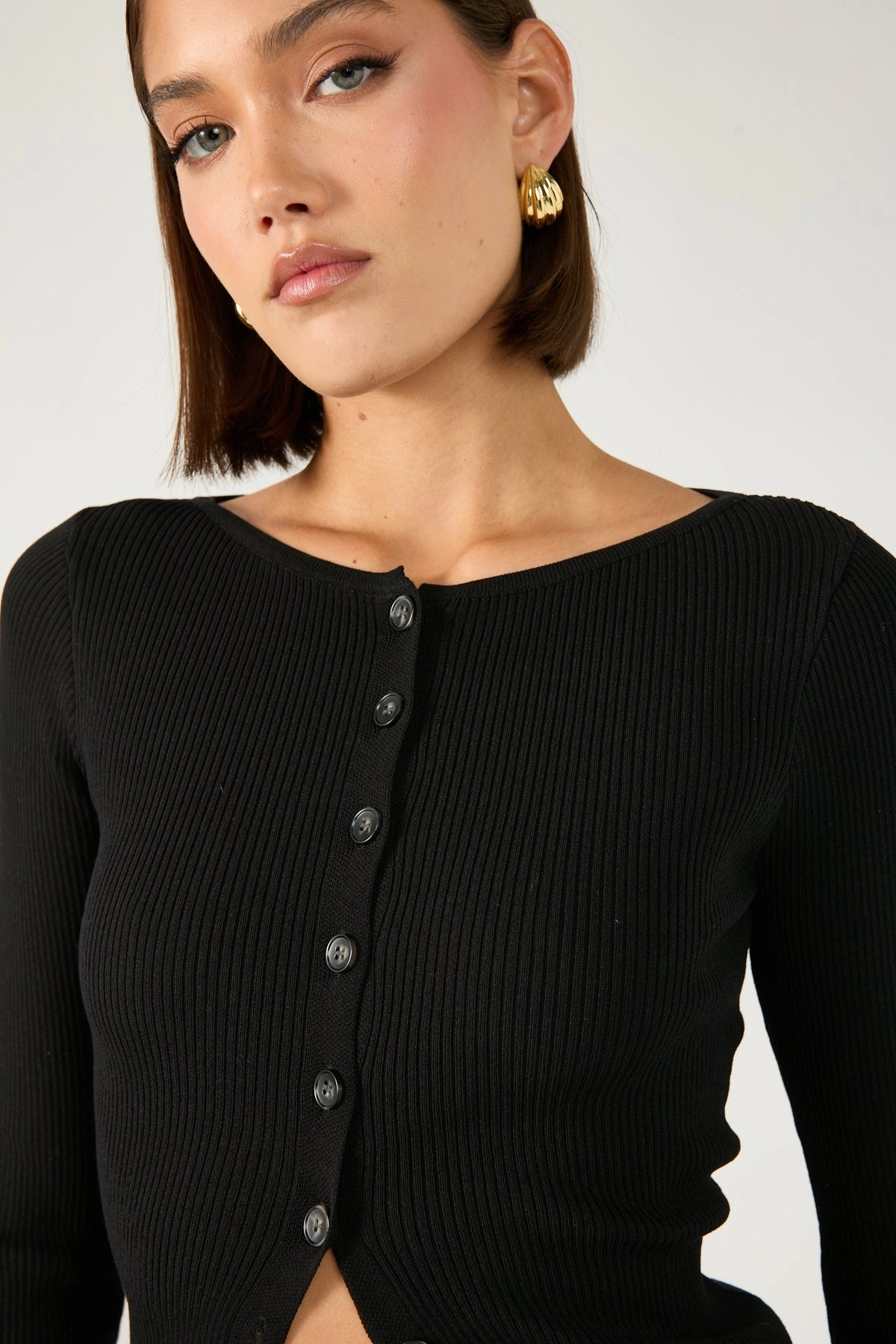 Perfect Stranger High Neck Rib Button Up Long Sleeve Top Black Ceremony