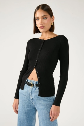 Evening Event Perfect Stranger High Neck Rib Button Up Long Sleeve Top Black