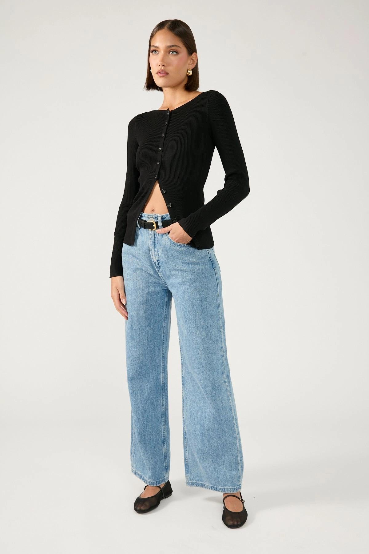 Geometric Shape Perfect Stranger High Neck Rib Button Up Long Sleeve Top Black