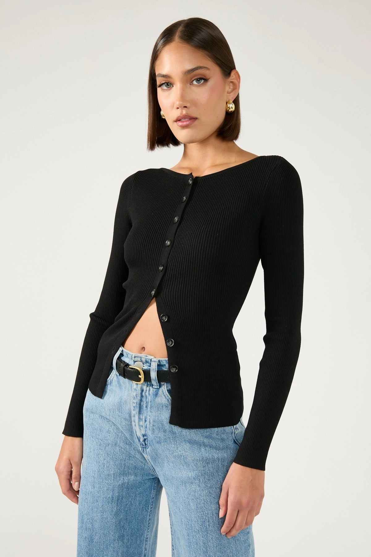 Evening Event Perfect Stranger High Neck Rib Button Up Long Sleeve Top Black