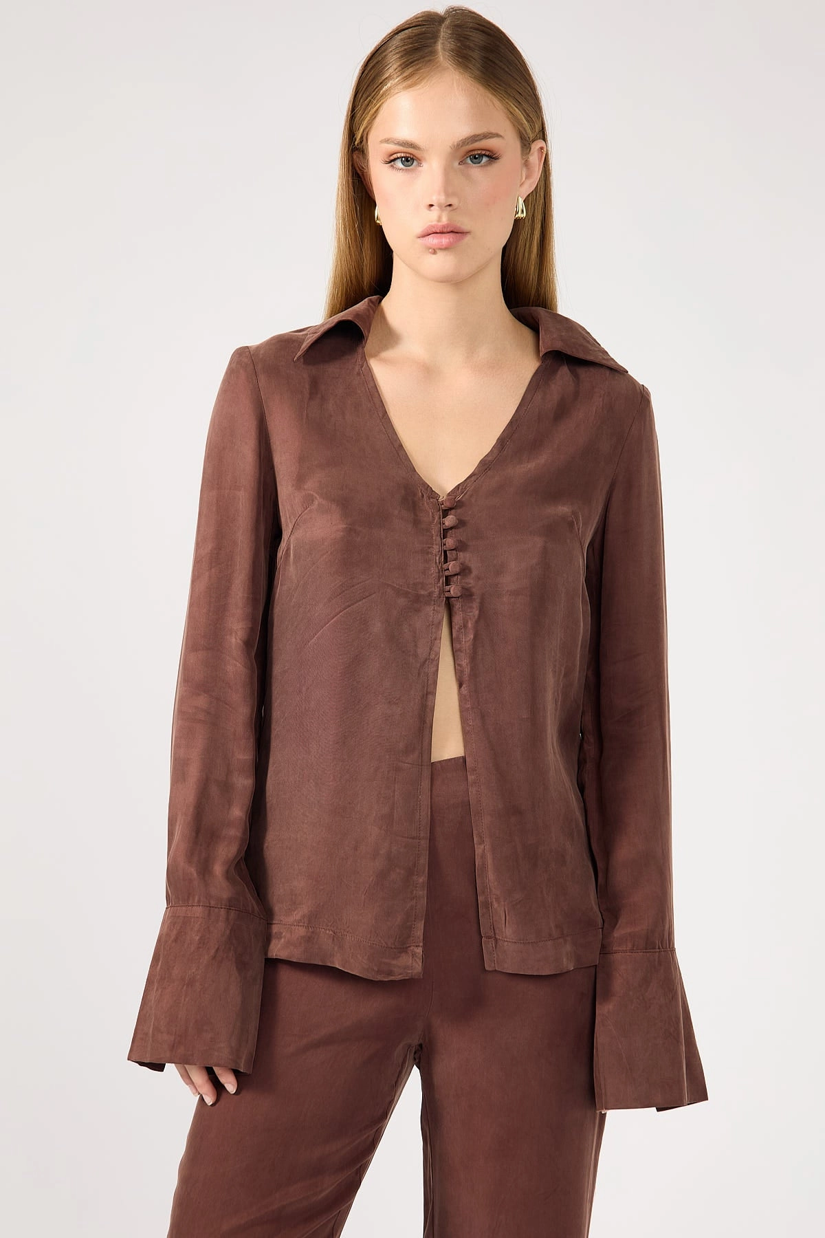 Perfect Stranger Prisca Open Front Button Up Cupro Shirt Brown Glossy Retro