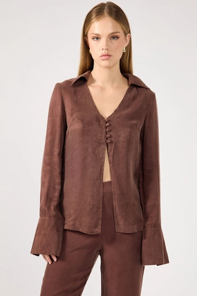 Perfect Stranger Prisca Open Front Button Up Cupro Shirt Brown Glossy Retro