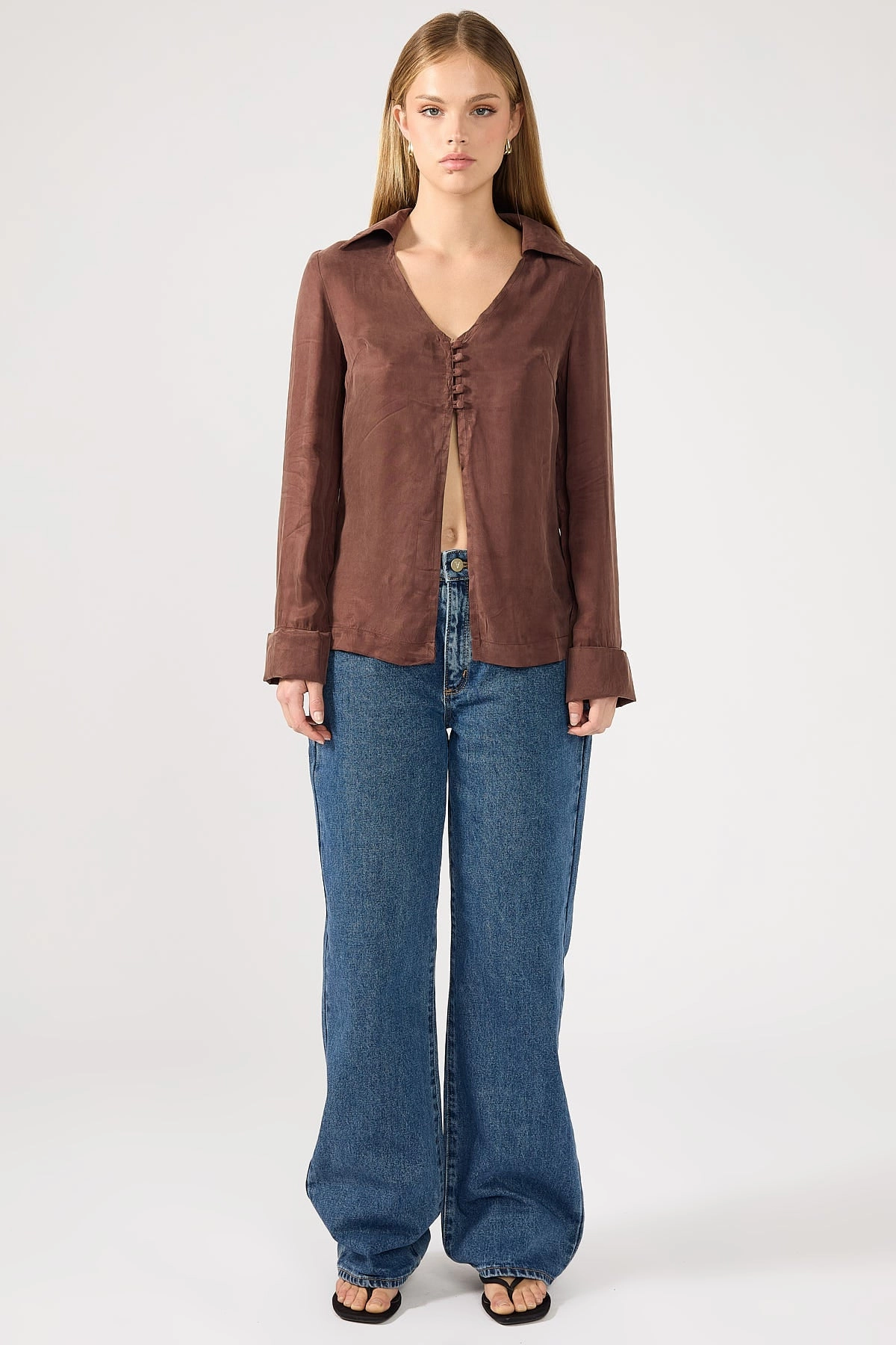 birthday Perfect Stranger Prisca Open Front Button Up Cupro Shirt Brown