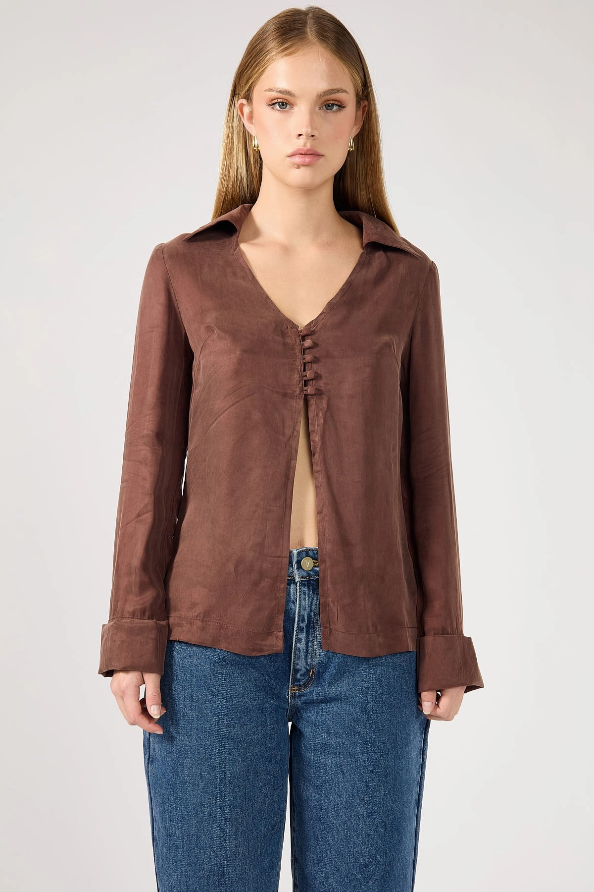 bathroom Perfect Stranger Prisca Open Front Button Up Cupro Shirt Brown