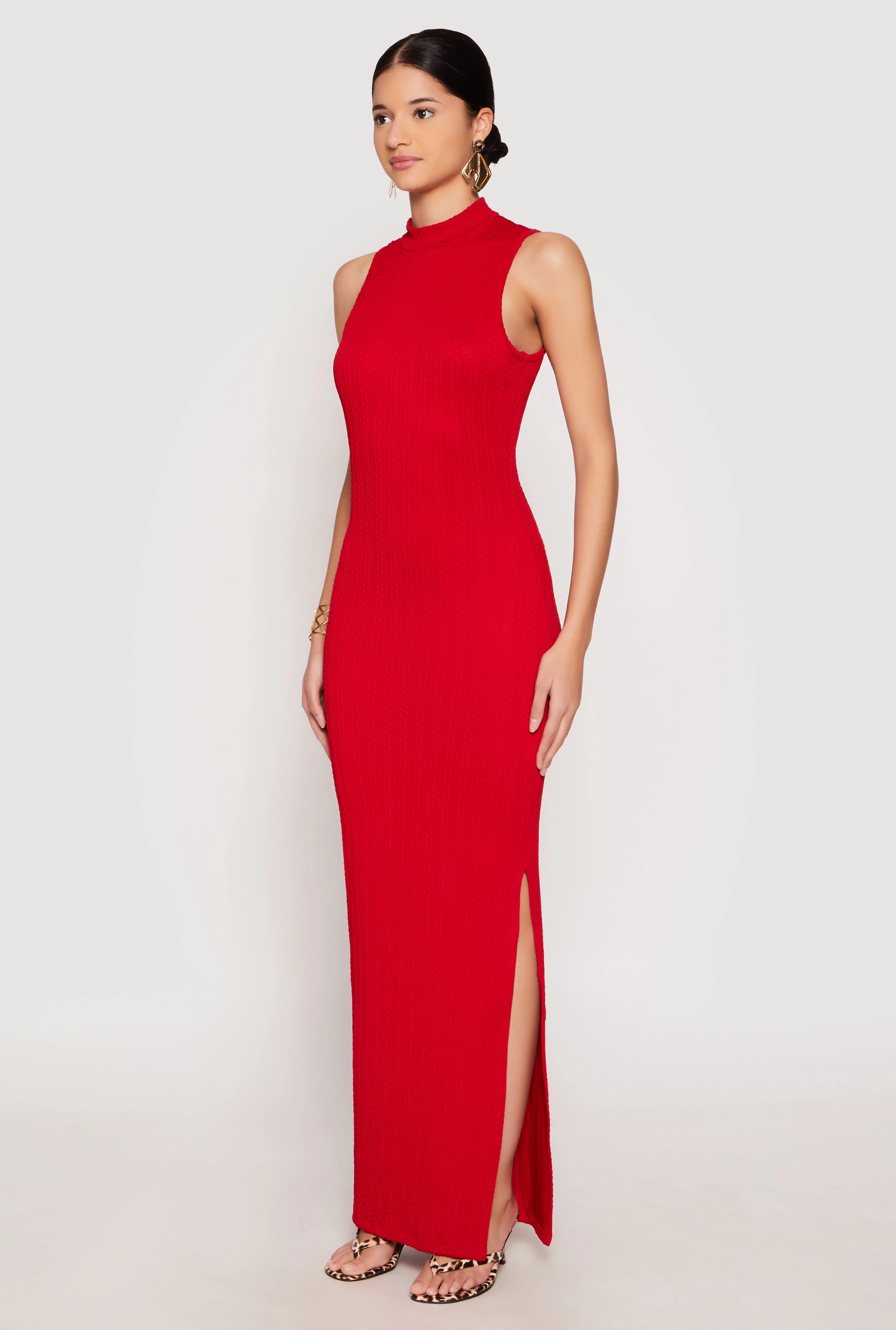 Comfortable Design Wear Urban Mood Textured Knit Turtleneck Maxi Dress