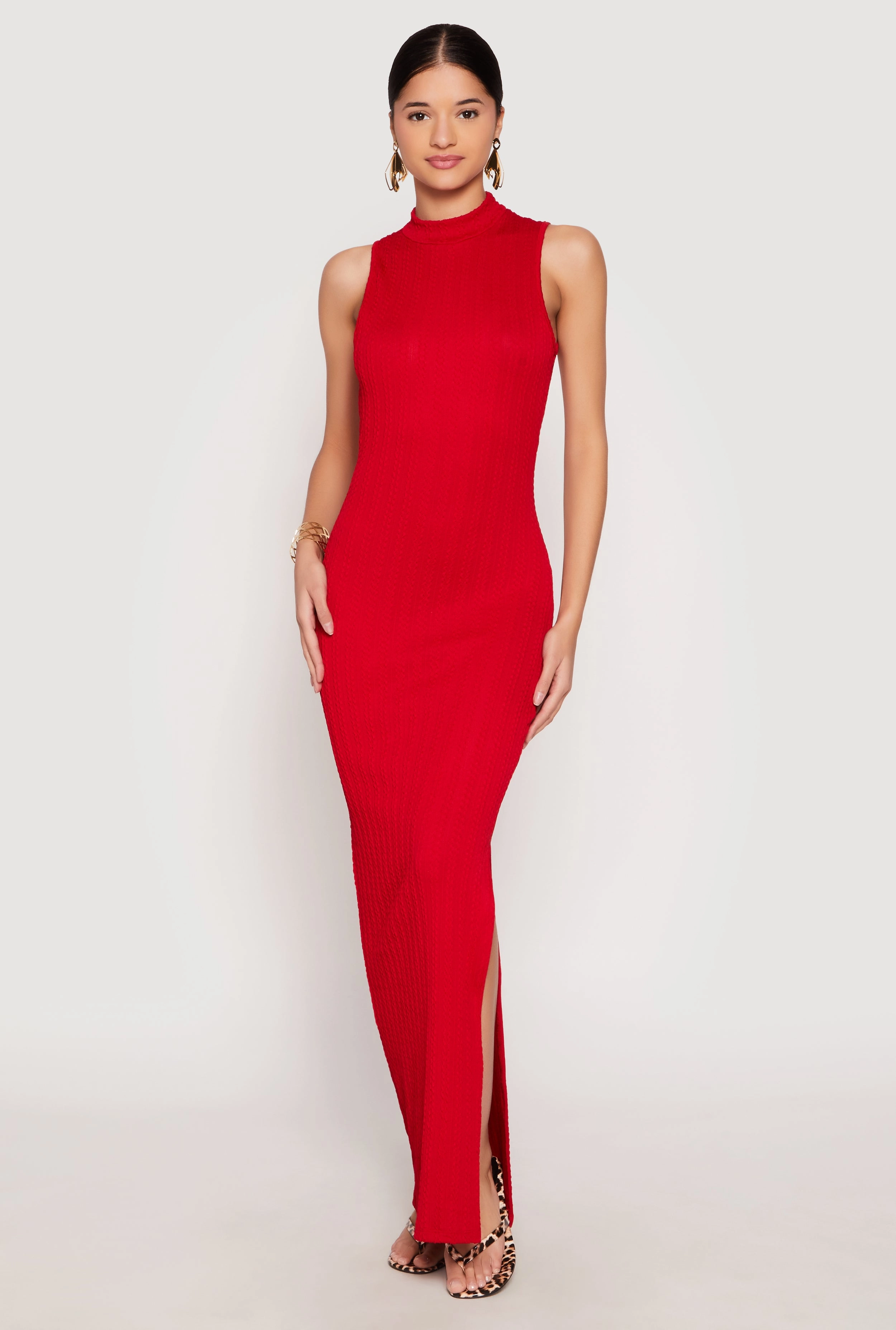 Flowy-Shape Textured Knit Turtleneck Maxi Dress