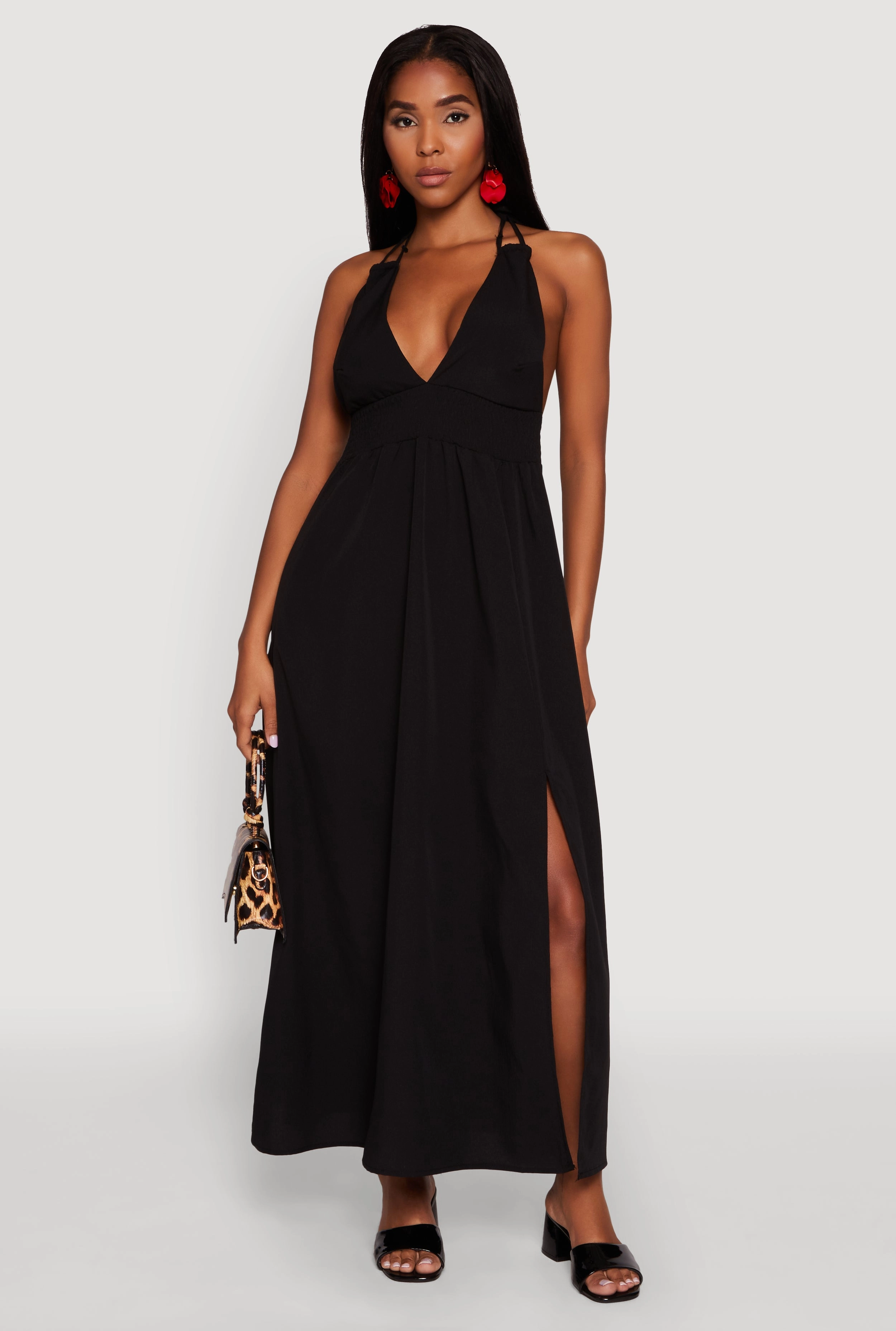 Trendy Plunge Halter Tie Maxi Dress with Criss Cross Back Straps Relax Piece