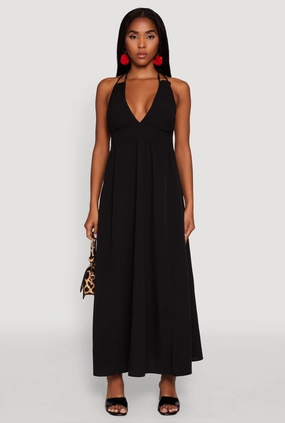Trendy Plunge Halter Tie Maxi Dress with Criss Cross Back Straps Invisible-Zip