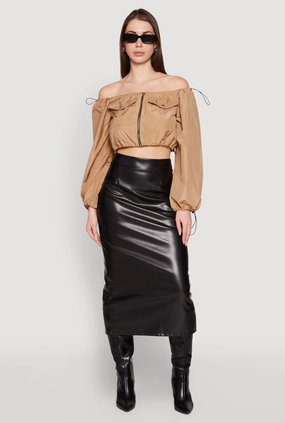 Poplin Zip Front Toggle Drawstring Crop Top Scoop neck