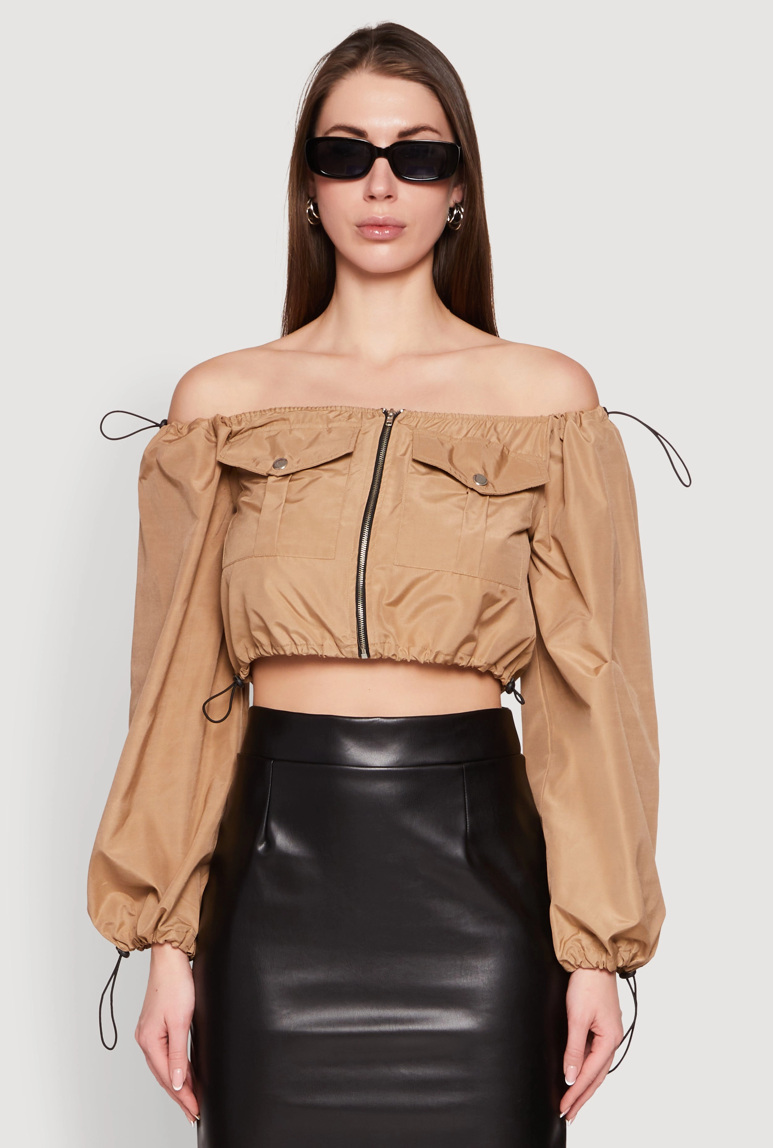 Carpet High End Product Poplin Zip Front Toggle Drawstring Crop Top