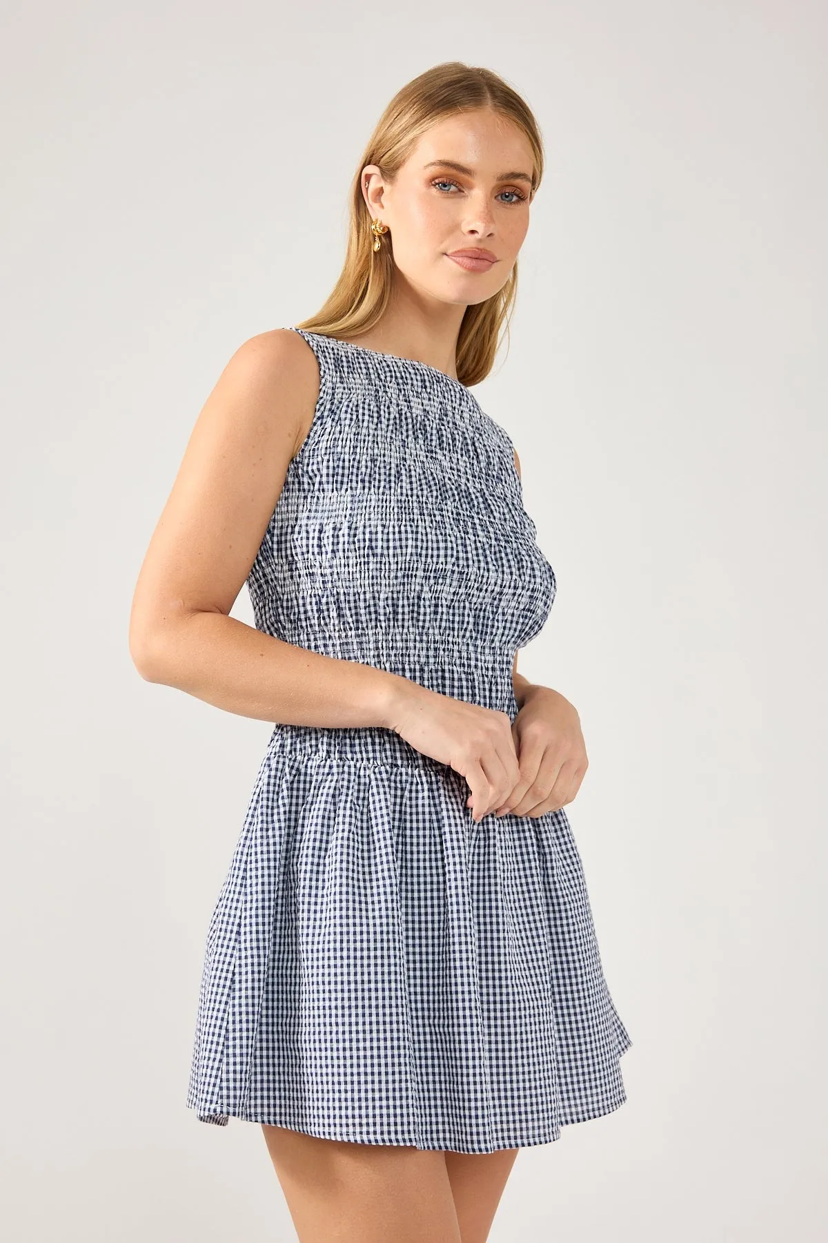 Tassel-Detail Perfect Stranger Shirred High Neck Mini Dress Navy Print