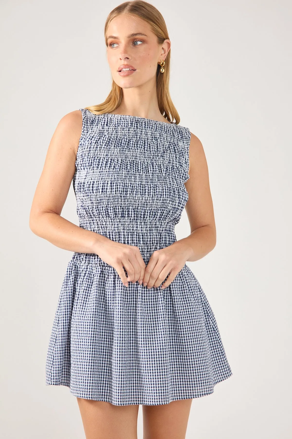 Perfect Stranger Shirred High Neck Mini Dress Navy Print Button-Cuff