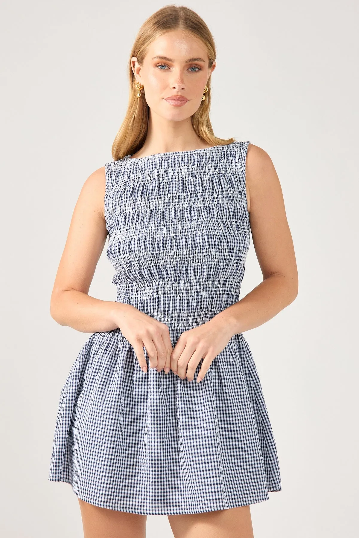 Soft Neutral Everyday Movement Perfect Stranger Shirred High Neck Mini Dress Navy Print