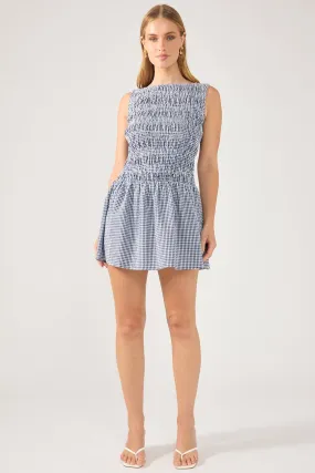 custom-fit Perfect Stranger Shirred High Neck Mini Dress Navy Print