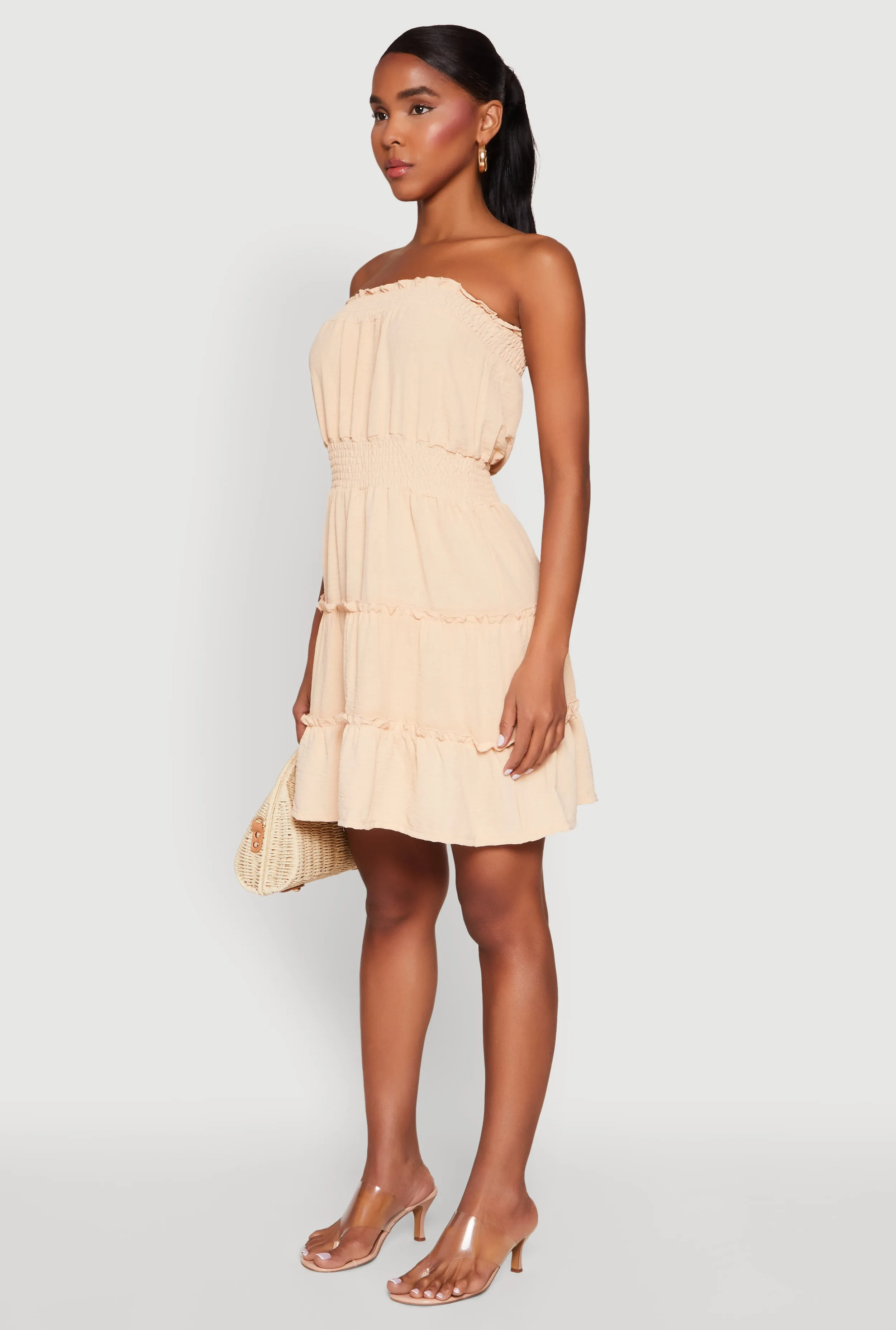 Strapless Smocked Tiered Mini Dress Smart Layer Wear Travel-Essential