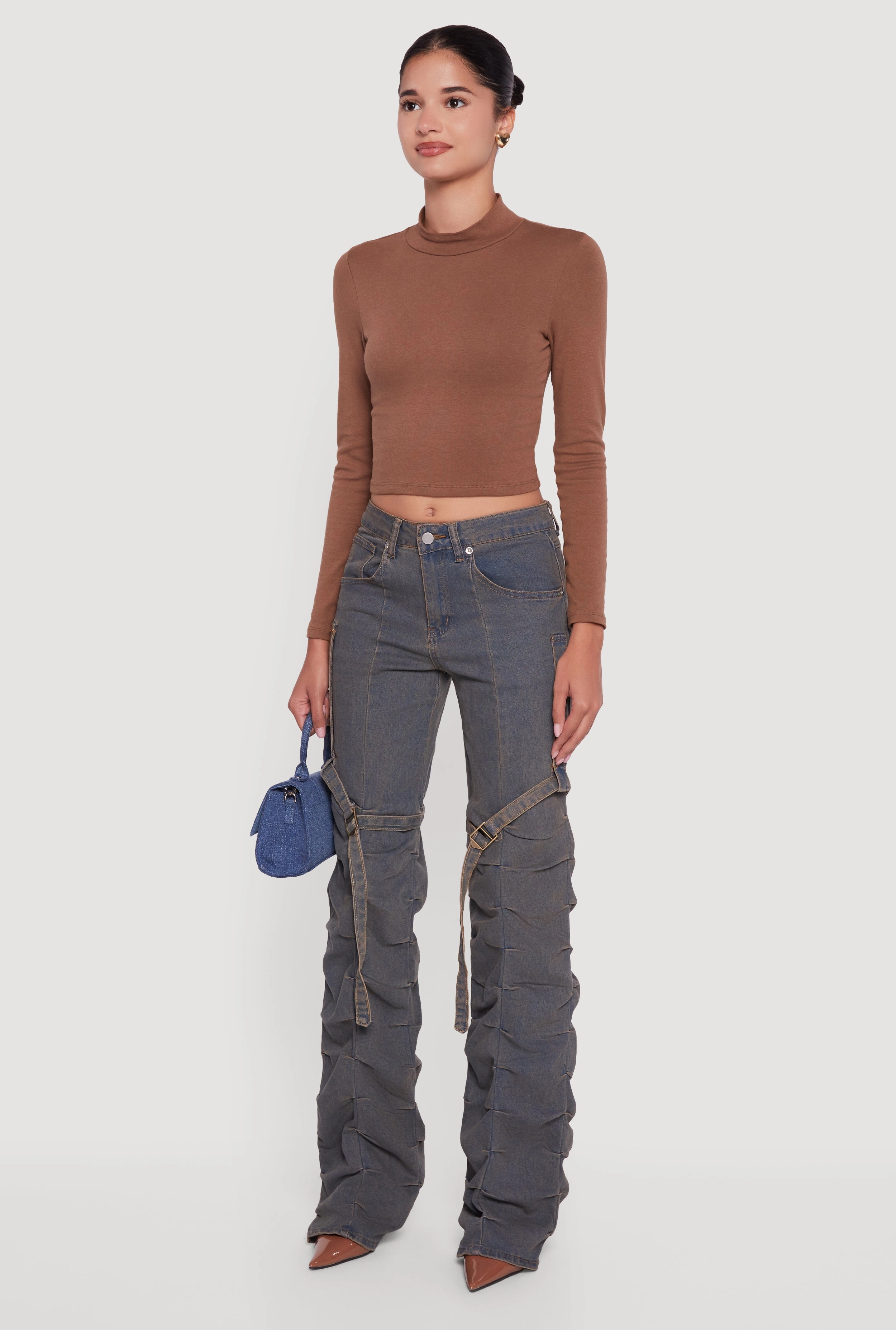 Chill Friendly Style Focus Pintuck Detail Stacked Straight Leg Jeans with Thigh Straps