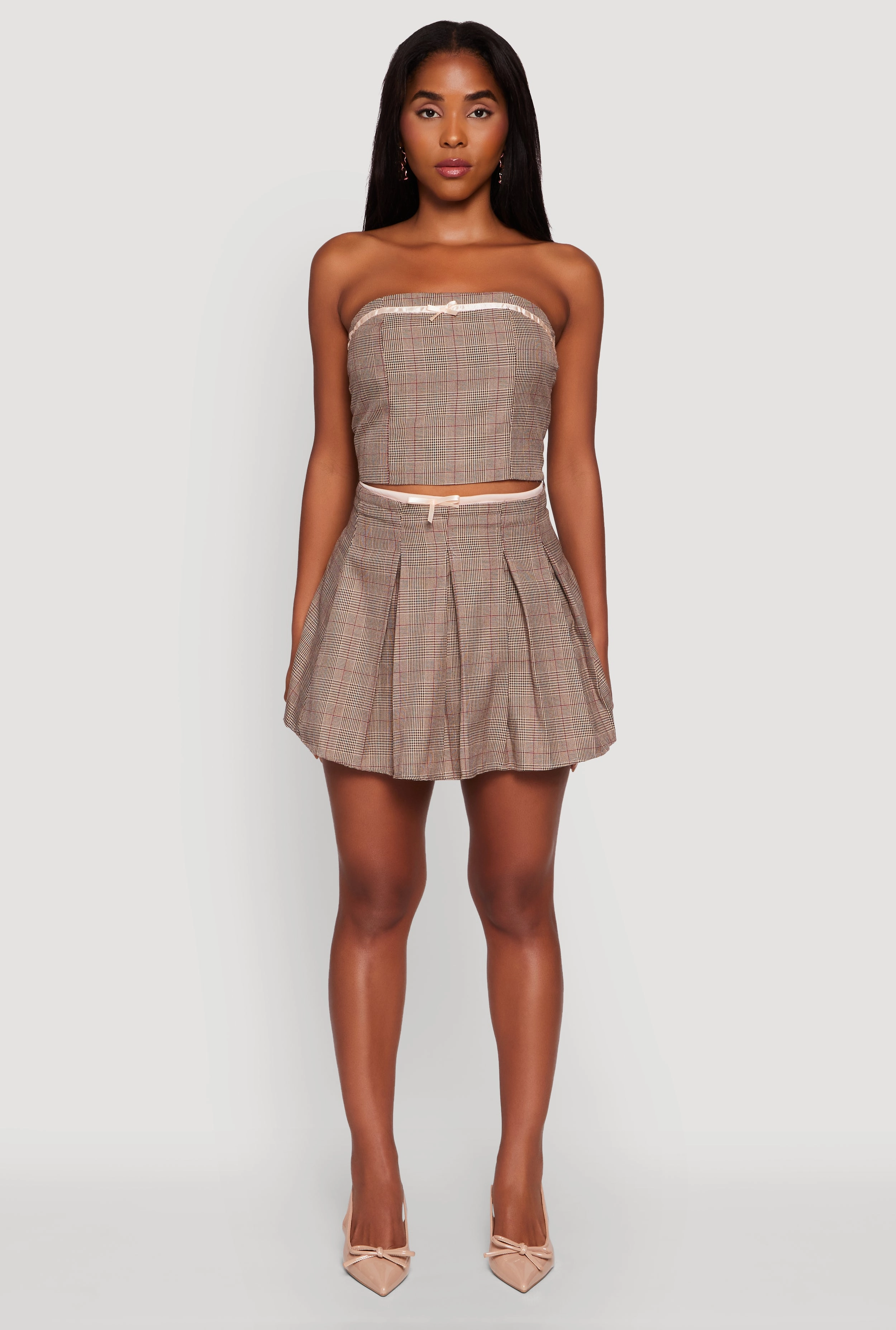 Soft Mood Smooth Finish Plaid Mini Pleated Skirt with Contrast Waistband
