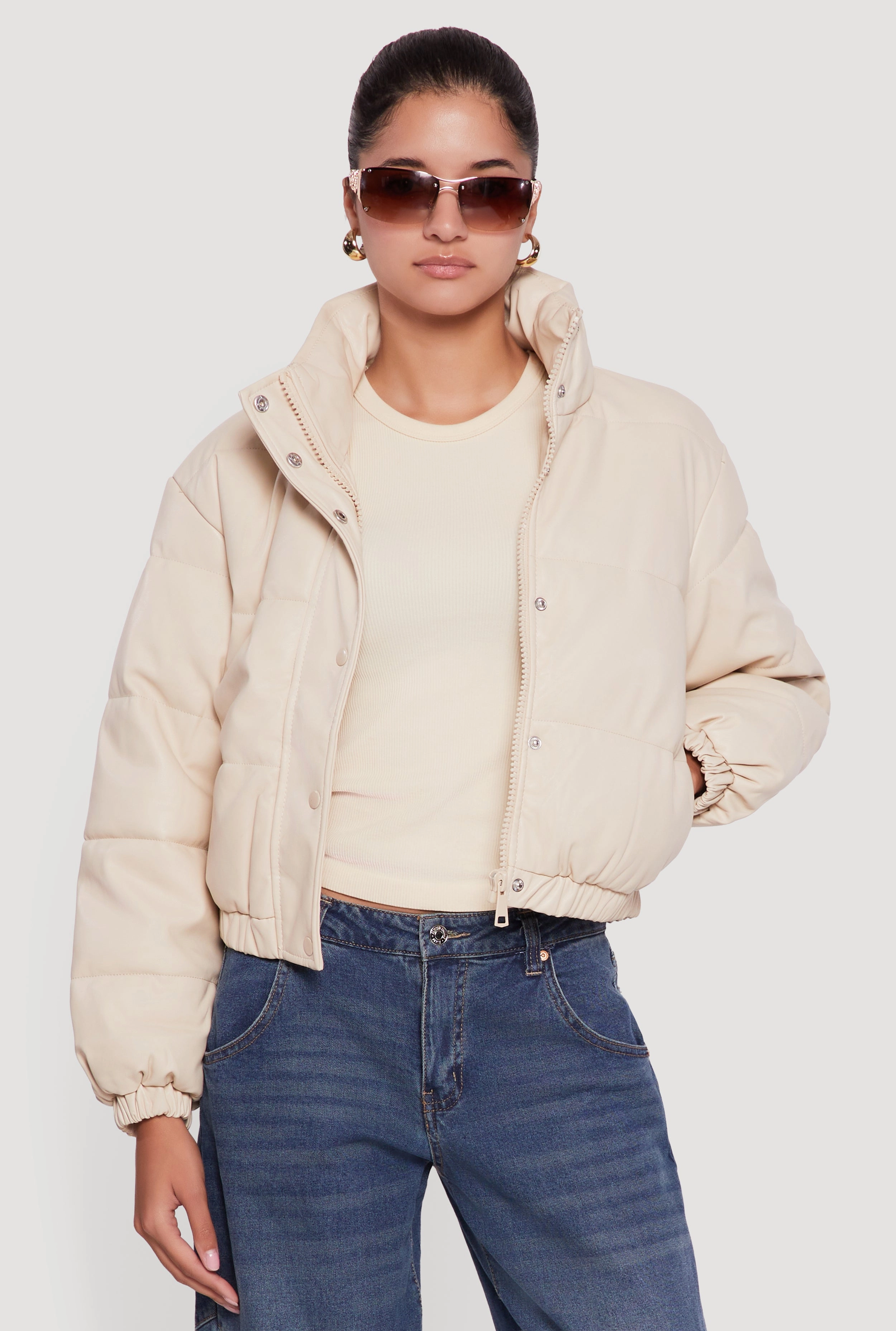 Faux Leather Snap Button Detail Zip Front Puffer Jacket Abrasion Resistant Fabric DoubleLayeredCuffs