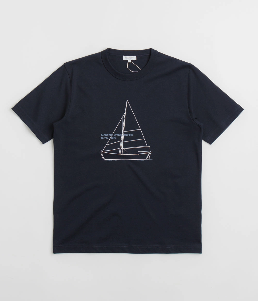 Chafe Free Armhole Norse Projects Holger Organic Boat Print T-Shirt - Dark Navy