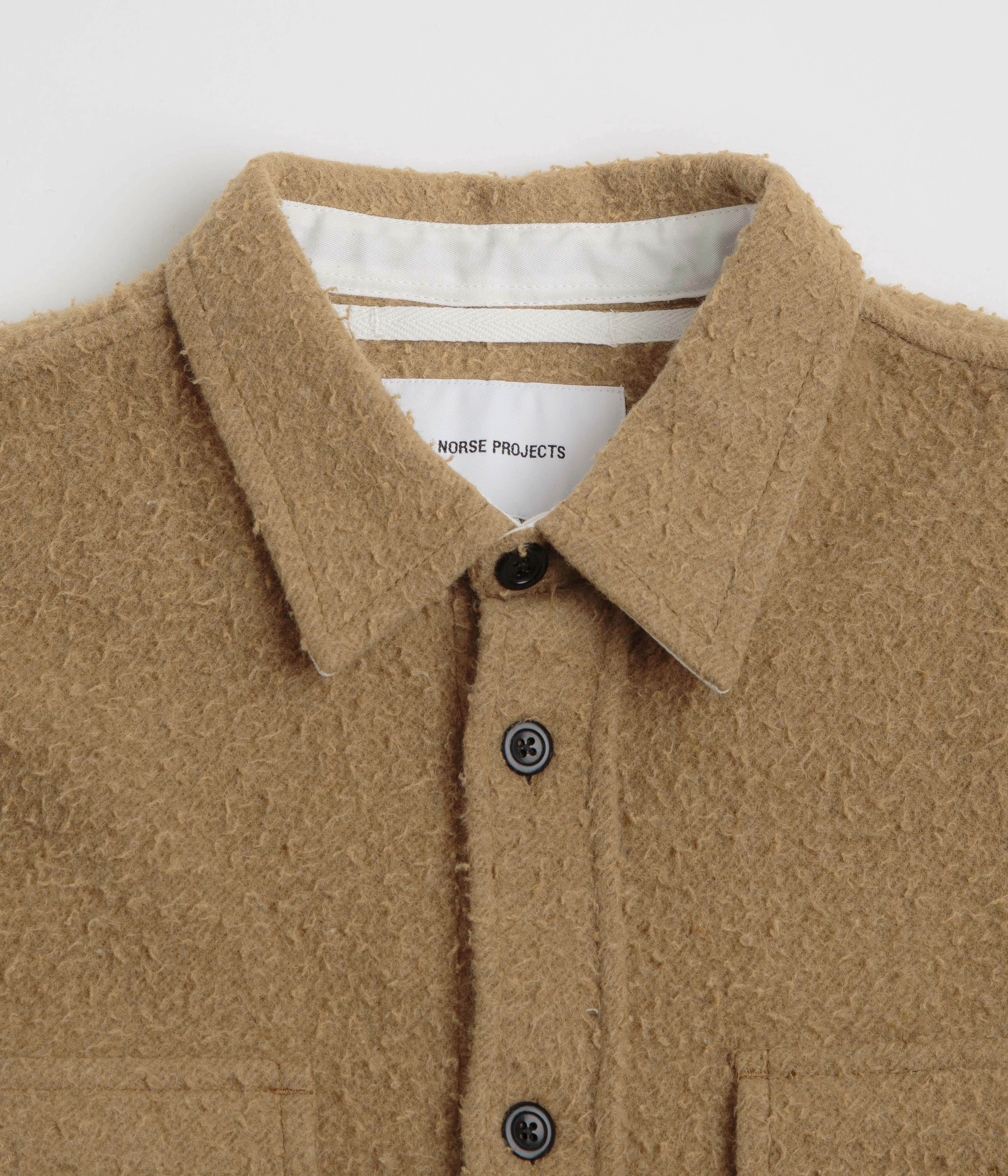 Contoured Back Panel Flexible Shoulder Norse Projects Silas Textured Cotton Wool Overshirt - Camel