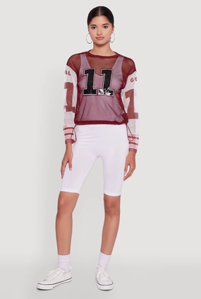 Number Sequin Fishnet Graphic Print Long Sleeve Top Social media
