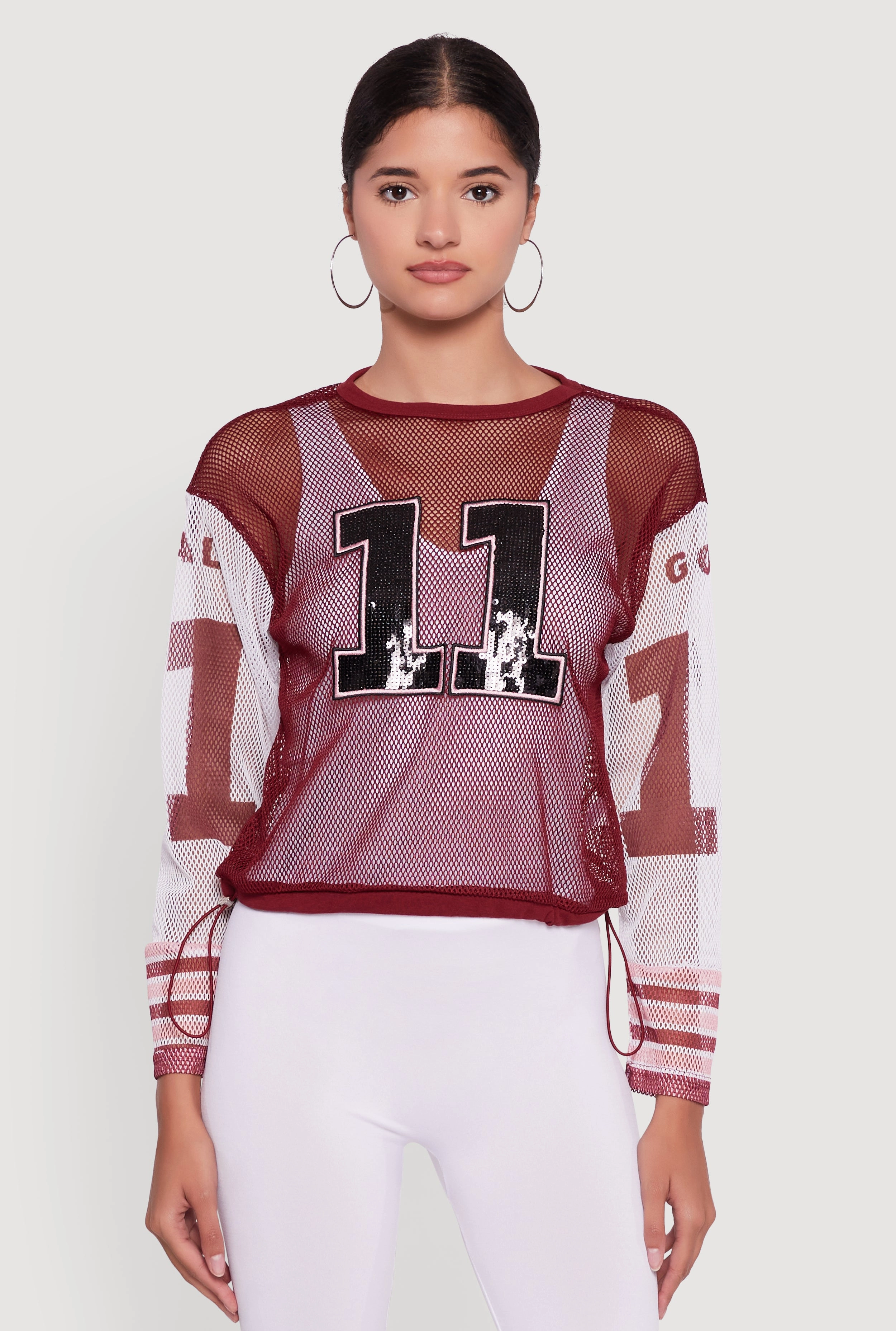 Number Sequin Fishnet Graphic Print Long Sleeve Top Silky