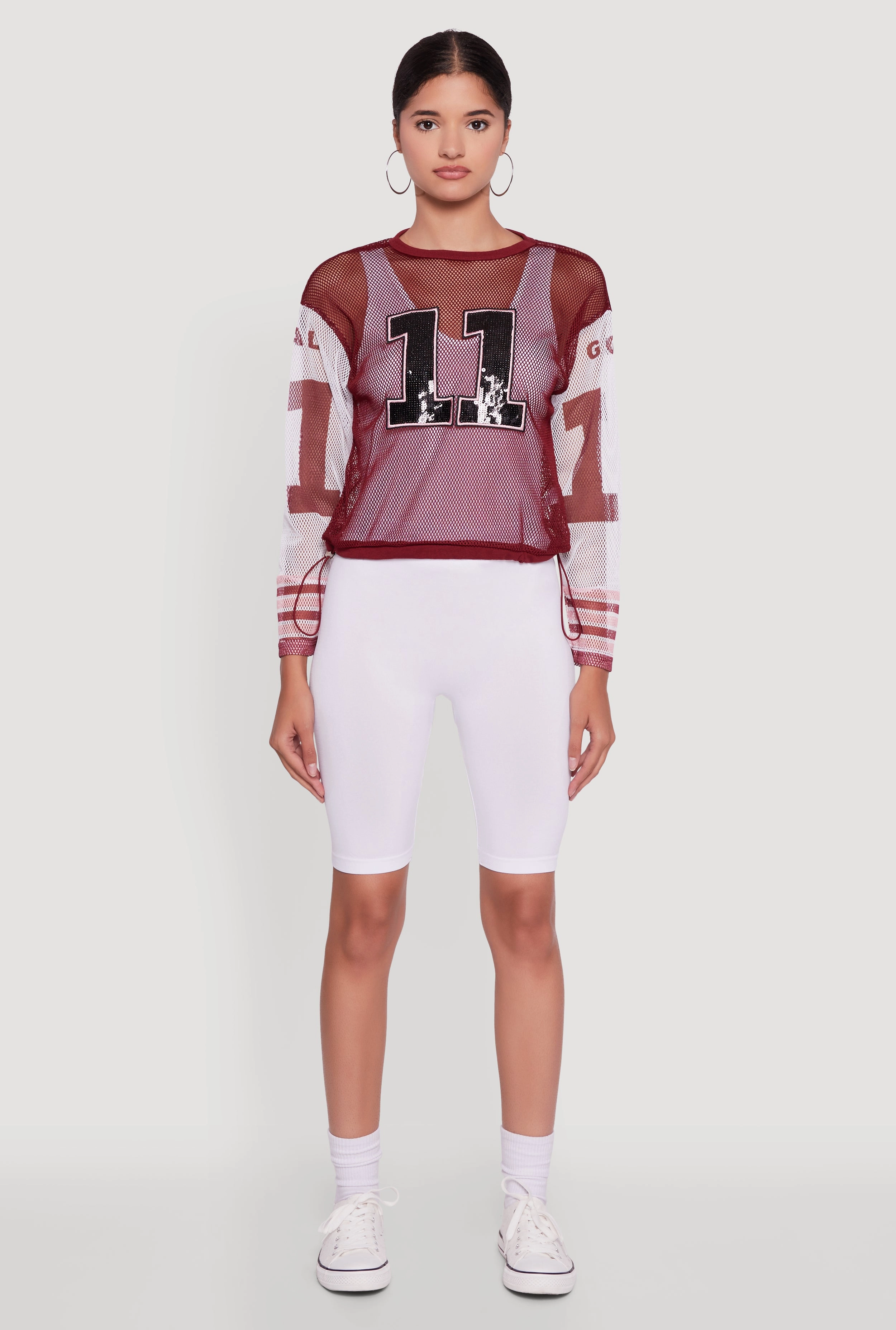 Number Sequin Fishnet Graphic Print Long Sleeve Top Sandaled