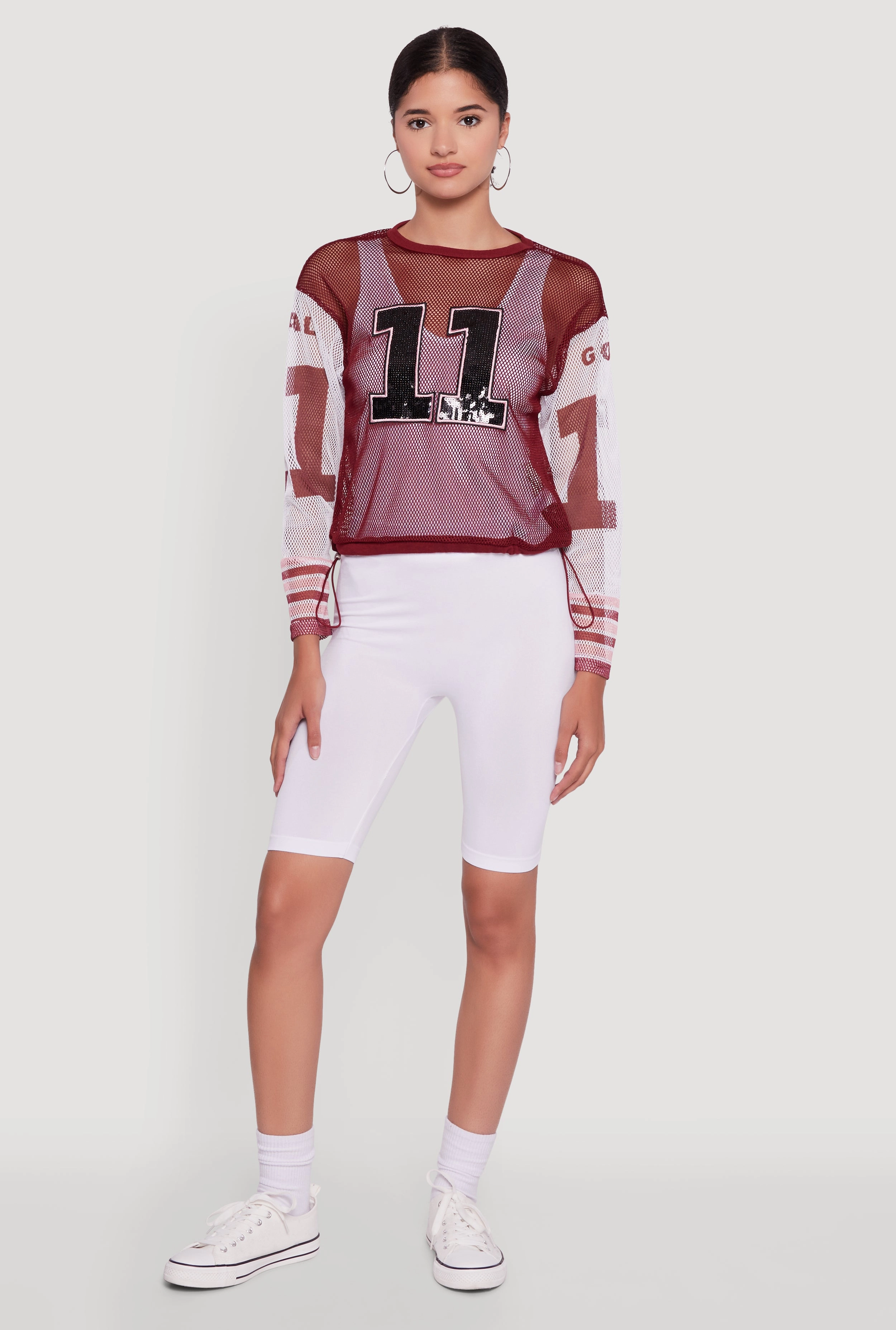 Number Sequin Fishnet Graphic Print Long Sleeve Top Social media