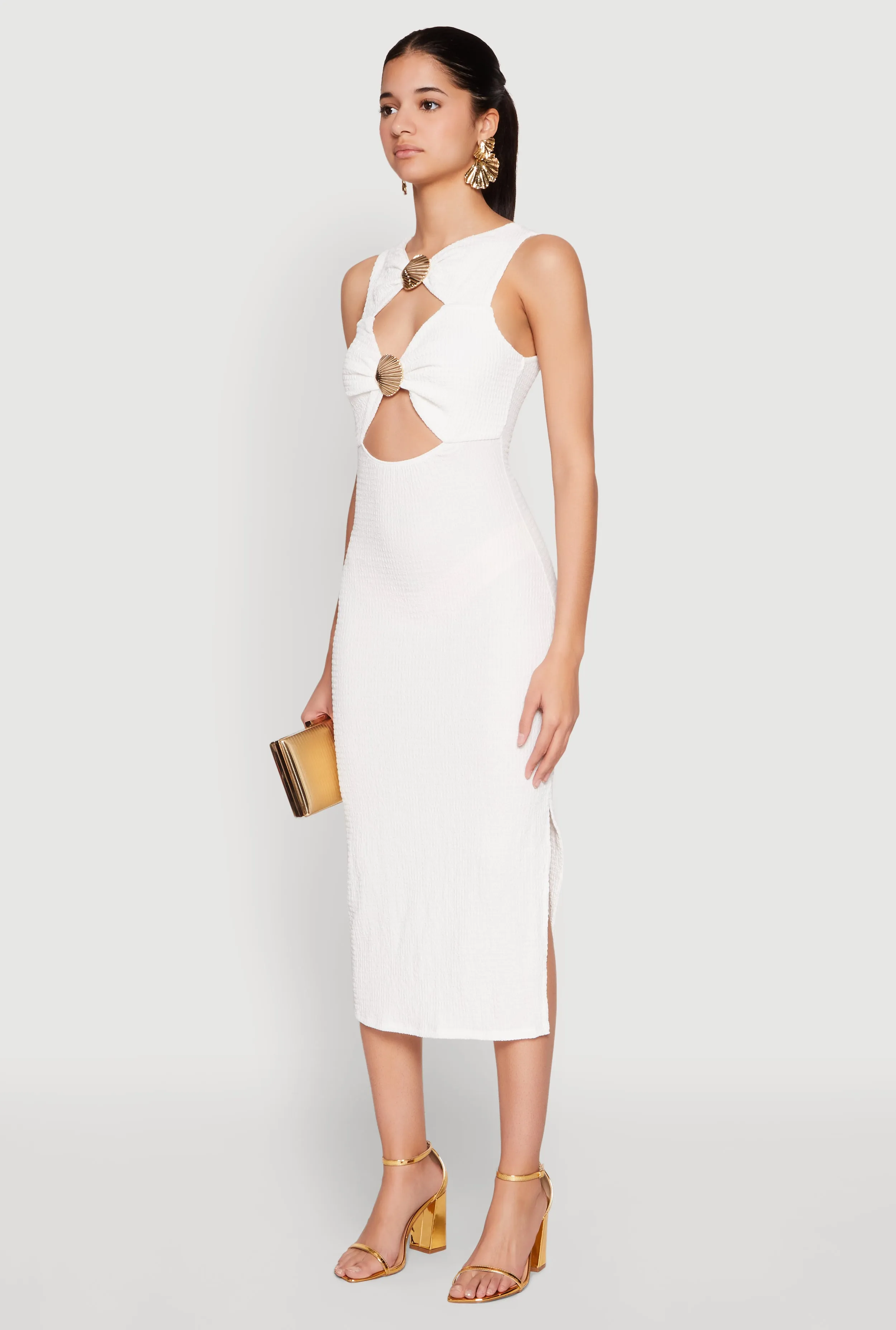 Summer-Season Polished and Elegant Metallic Seashell Cut Out Midi Dress