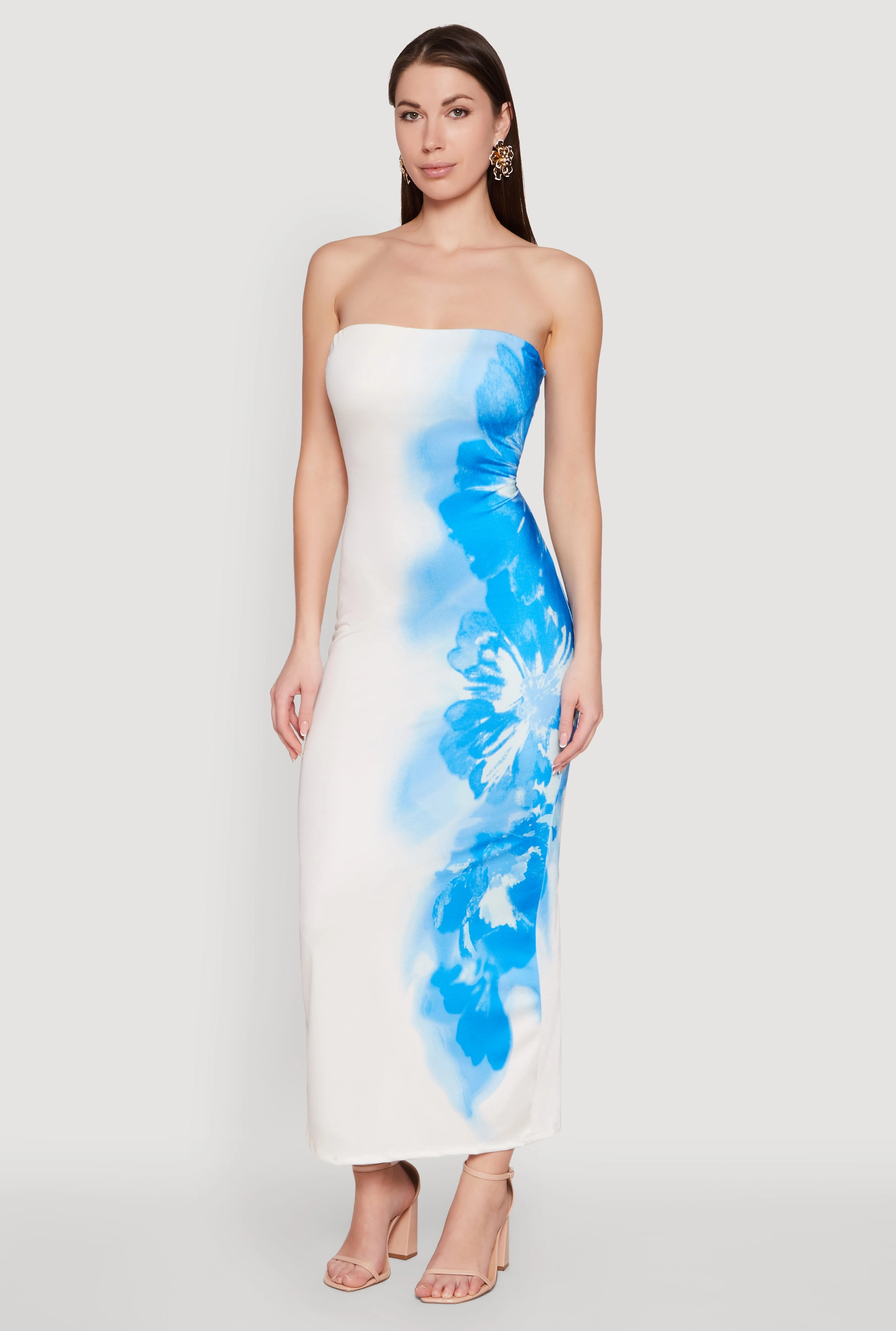 Cool Undertone Ombre Floral Maxi Tube Dress