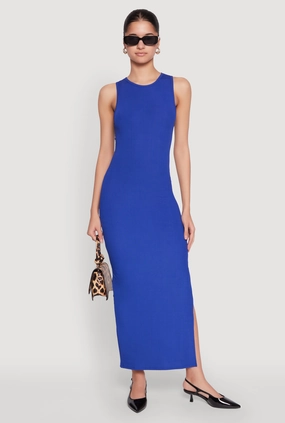 Edgy Look Crew Neck Rib Knit Side Slit Maxi Dress