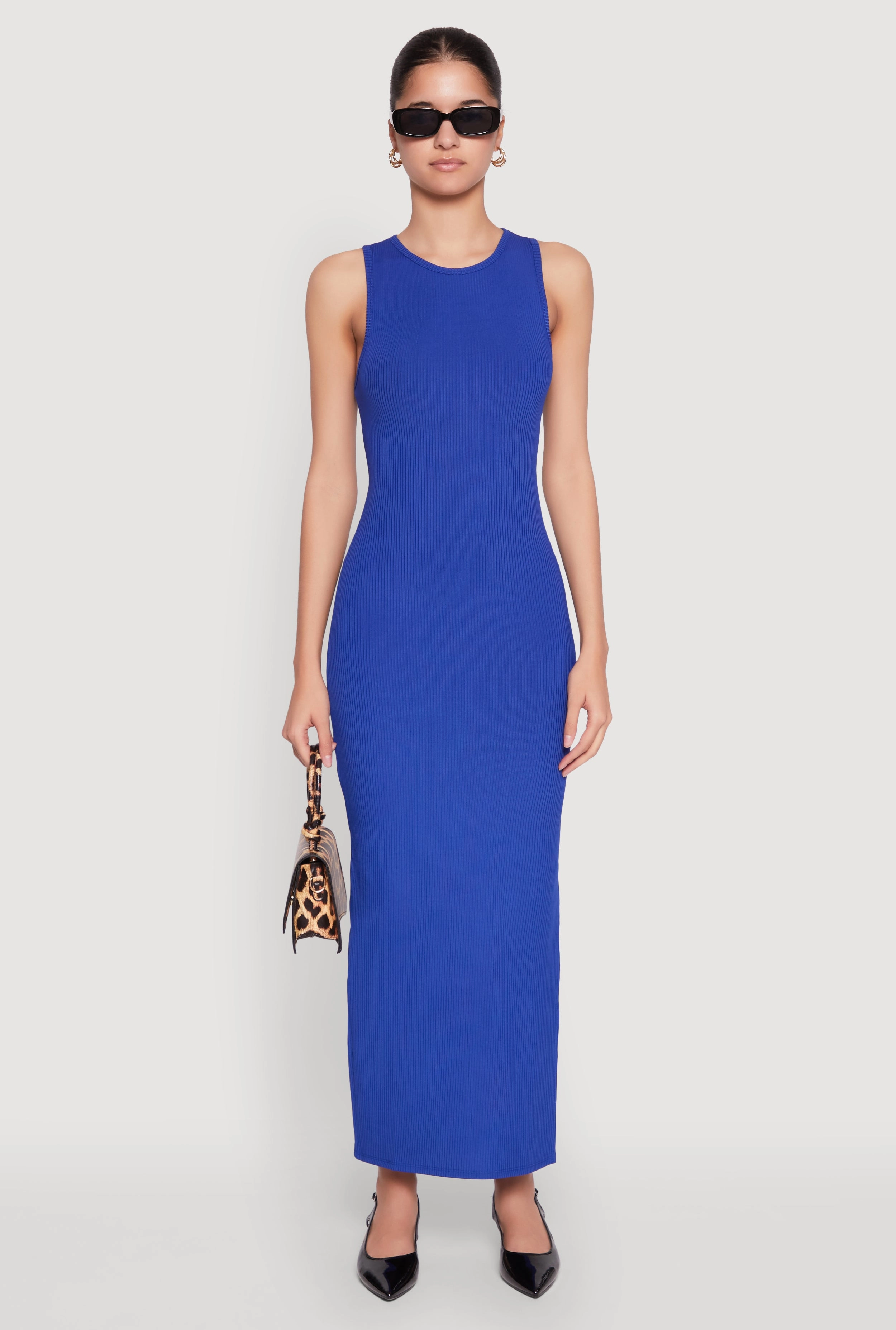Crew Neck Rib Knit Side Slit Maxi Dress Stylish Line Formal Look