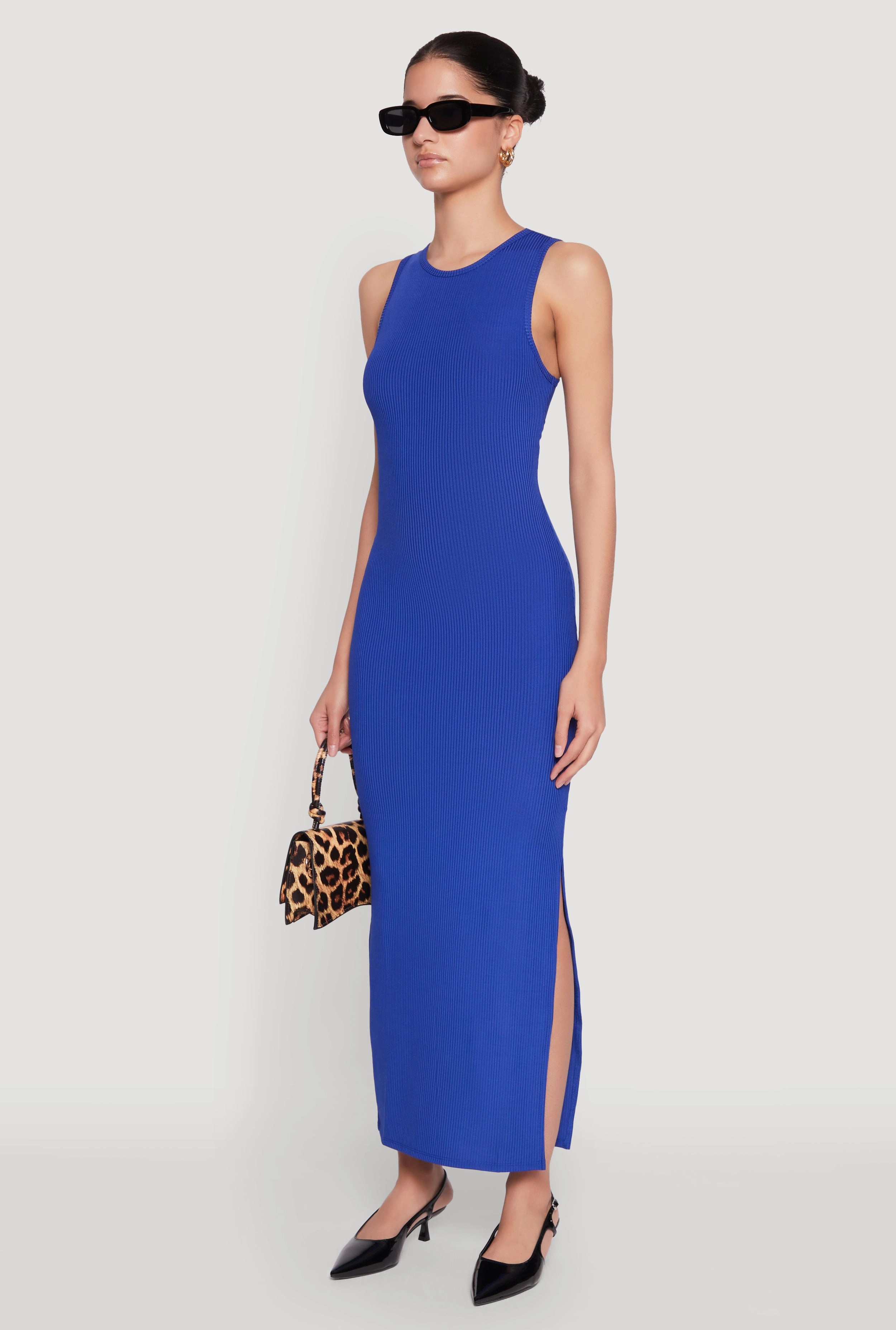 Dinner Outfit Crew Neck Rib Knit Side Slit Maxi Dress