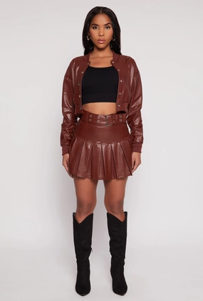 Faux Leather Belted Pleated Skort Simple Fashion Fresh Energy