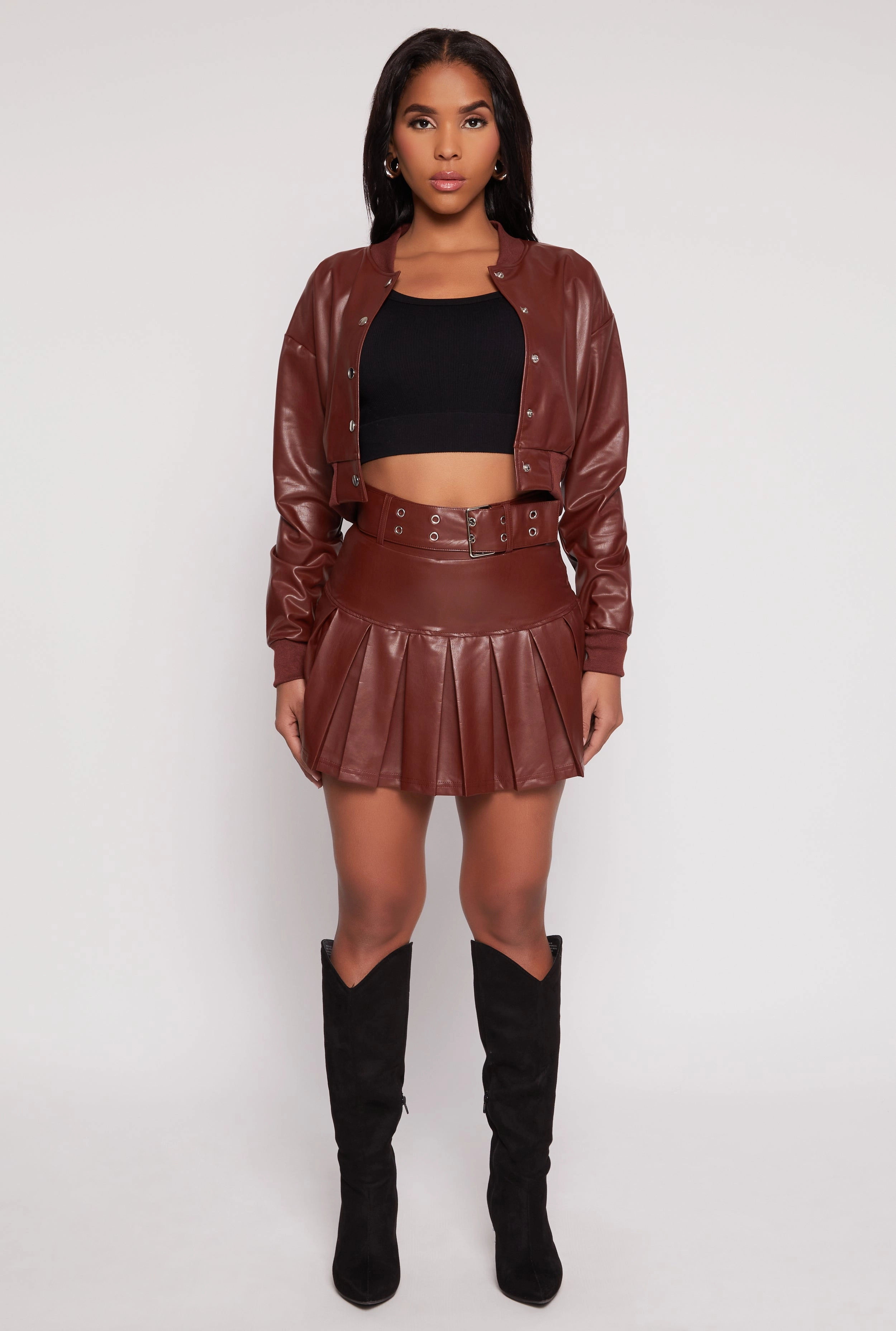 Faux Leather Belted Pleated Skort Simple Fashion Fresh Energy