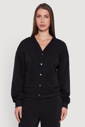 Oversized Fleece Lined V-Neck Button Front Cardigan Relaxed Silhouette