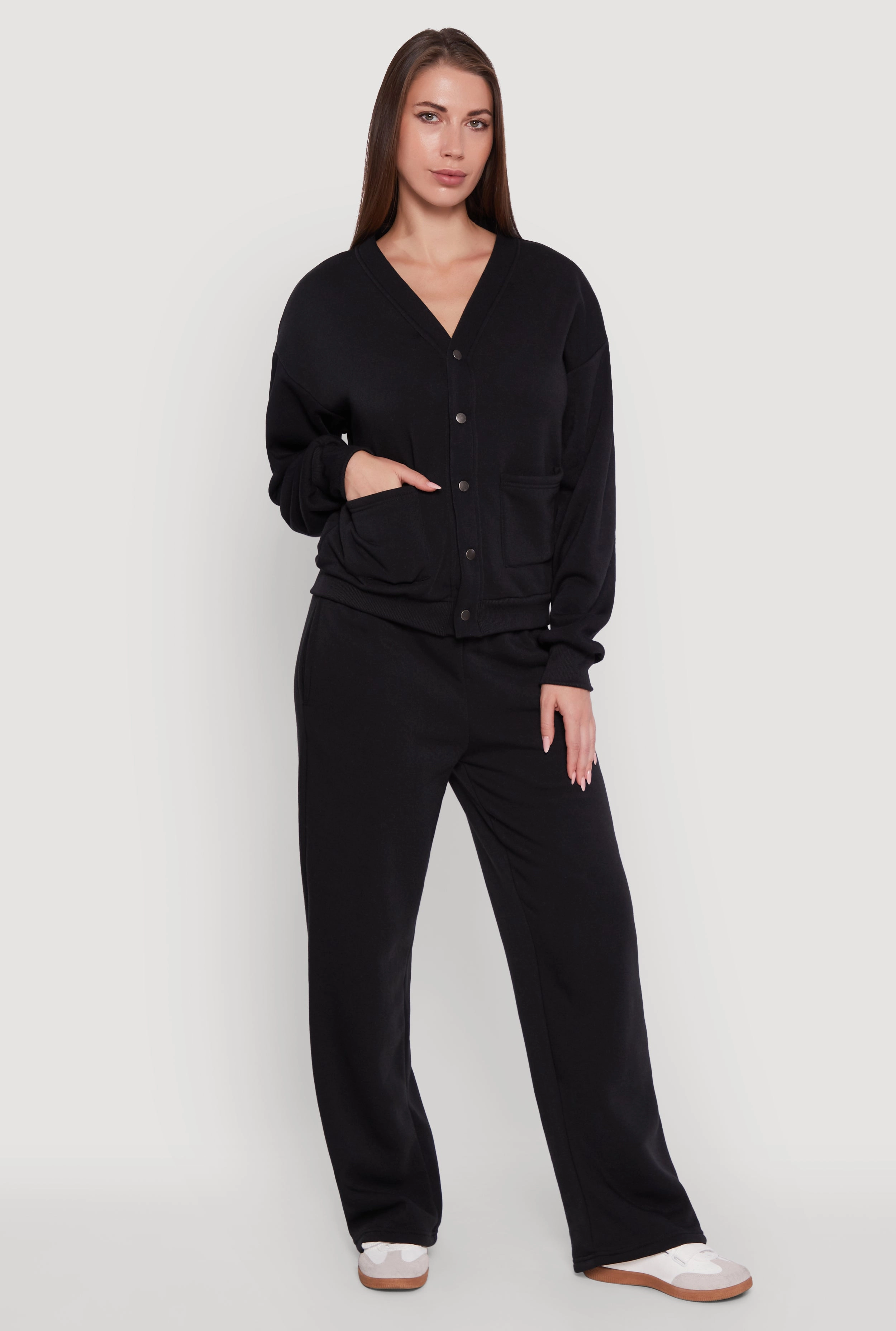 Oversized Fleece Lined V-Neck Button Front Cardigan Anti Static Finish