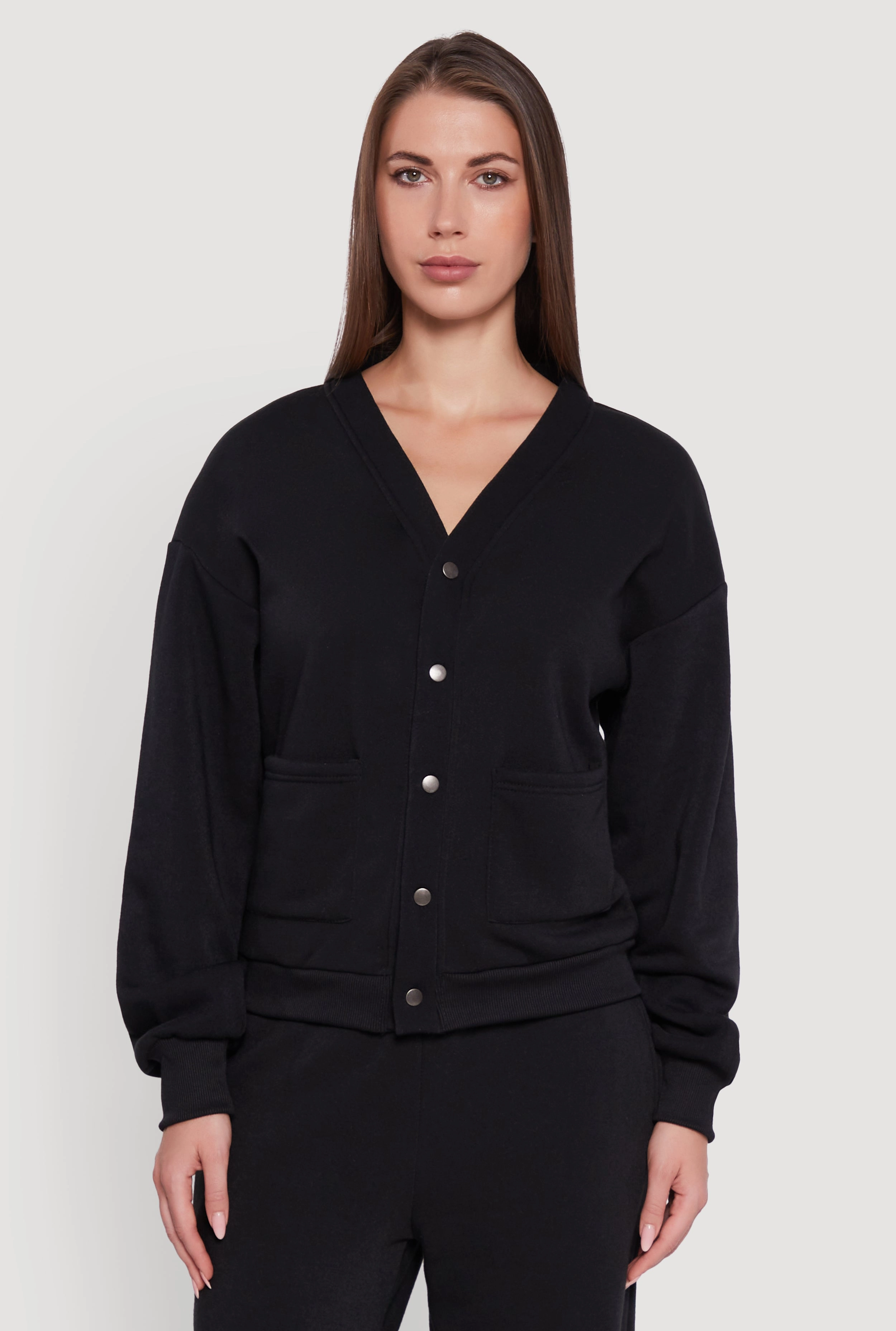 Oversized Fleece Lined V-Neck Button Front Cardigan Relaxed Silhouette