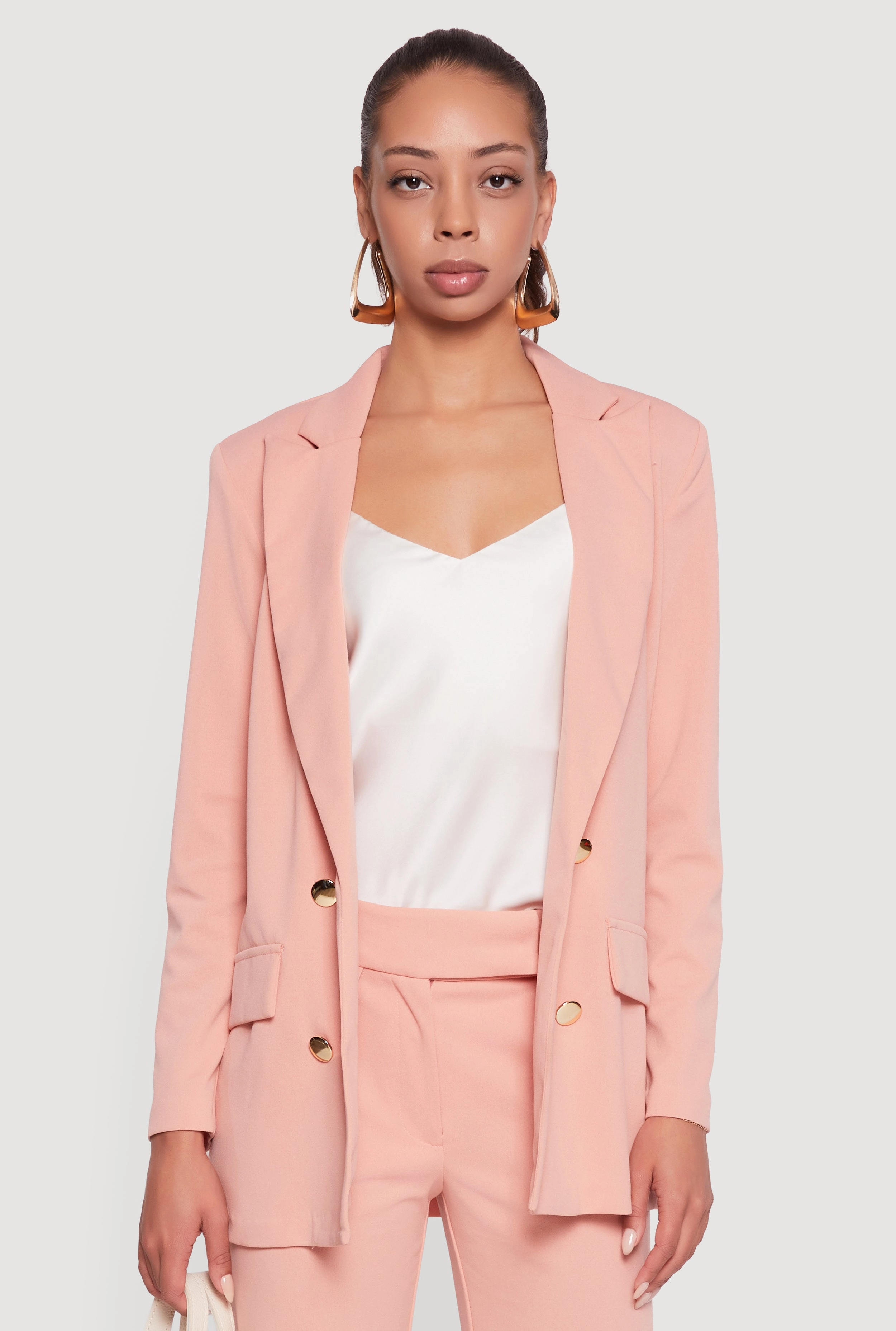 Crepe Knit Metallic Button Detail Open Front Blazer Durable AbrasionResistant Panels Windproof Hood